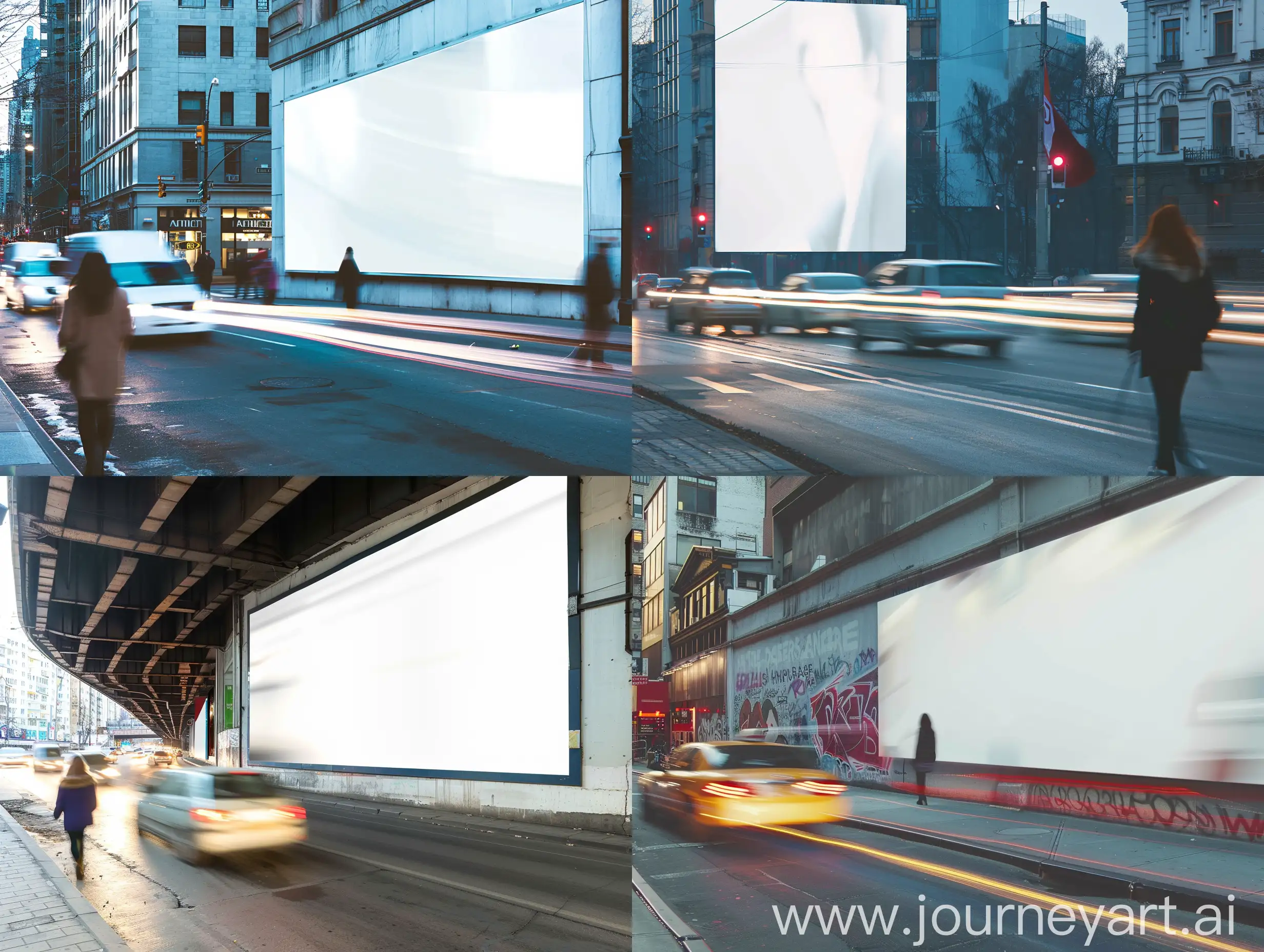 a white ad banner on the wall in a street with a Woman and cars passing by it, long exposure, day time, highly detailed, high quality