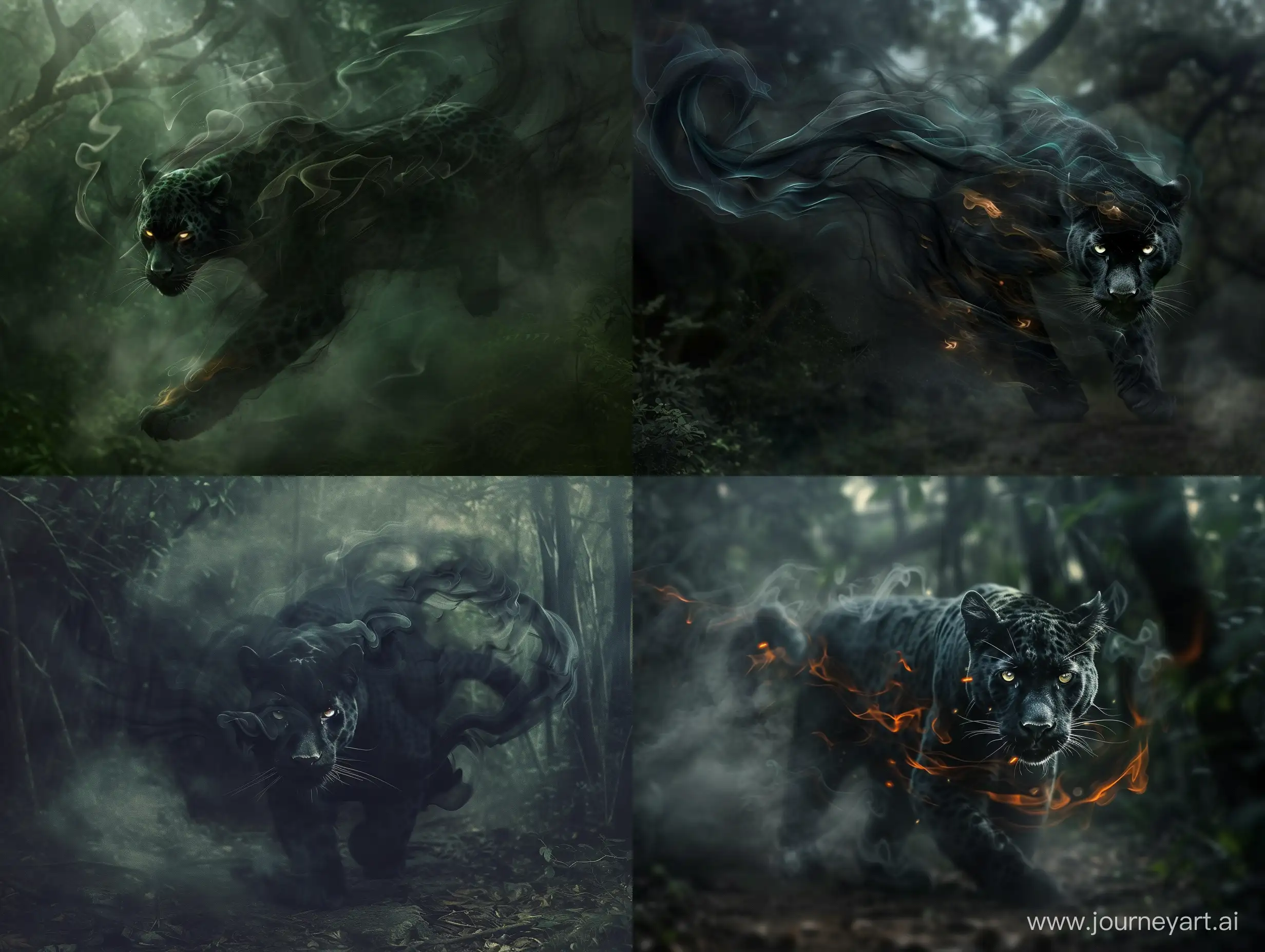 Envision a majestic panther moving silently through a dense forest, its body a swirling mass of dark smoke. With eyes glowing like embers, it blends into the shadows, leaving behind a trail of smoke that dissipates into the air. This creature is a guardian of the night, elusive and powerful, its form changing with the wind --v 6.0 --style raw --ar 4:3
