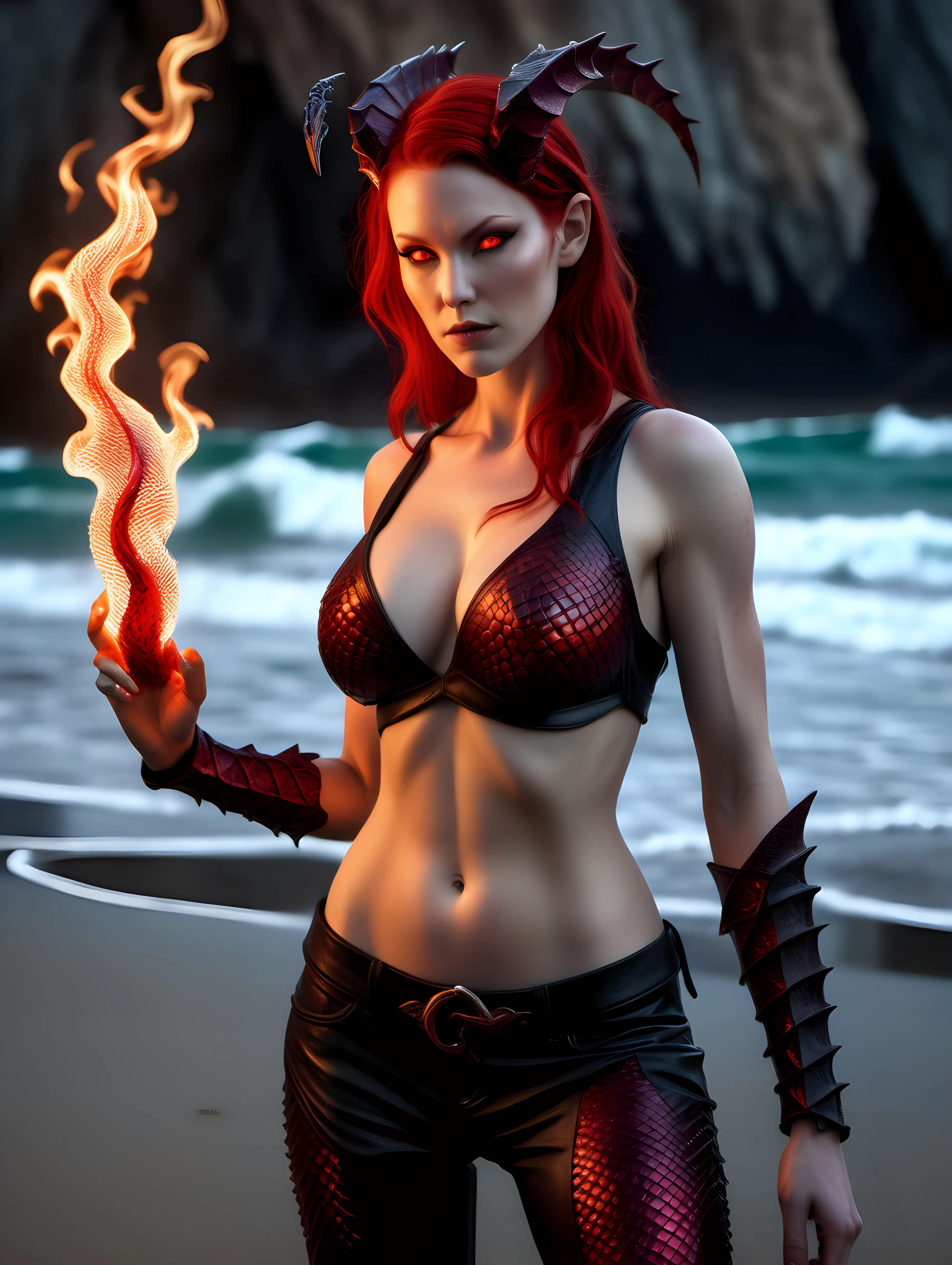ultra-realistic high resolution and highly detailed photograph of a female human, with sleek pointy horns gently swept straight backwards over head, large breasts, red hair, red eyes, sleeveless open front top made of red dragonscales, low pants made of black dragonscales, and draconic runes carved into arms and body, she is standing on a beach holding a flame in her hand