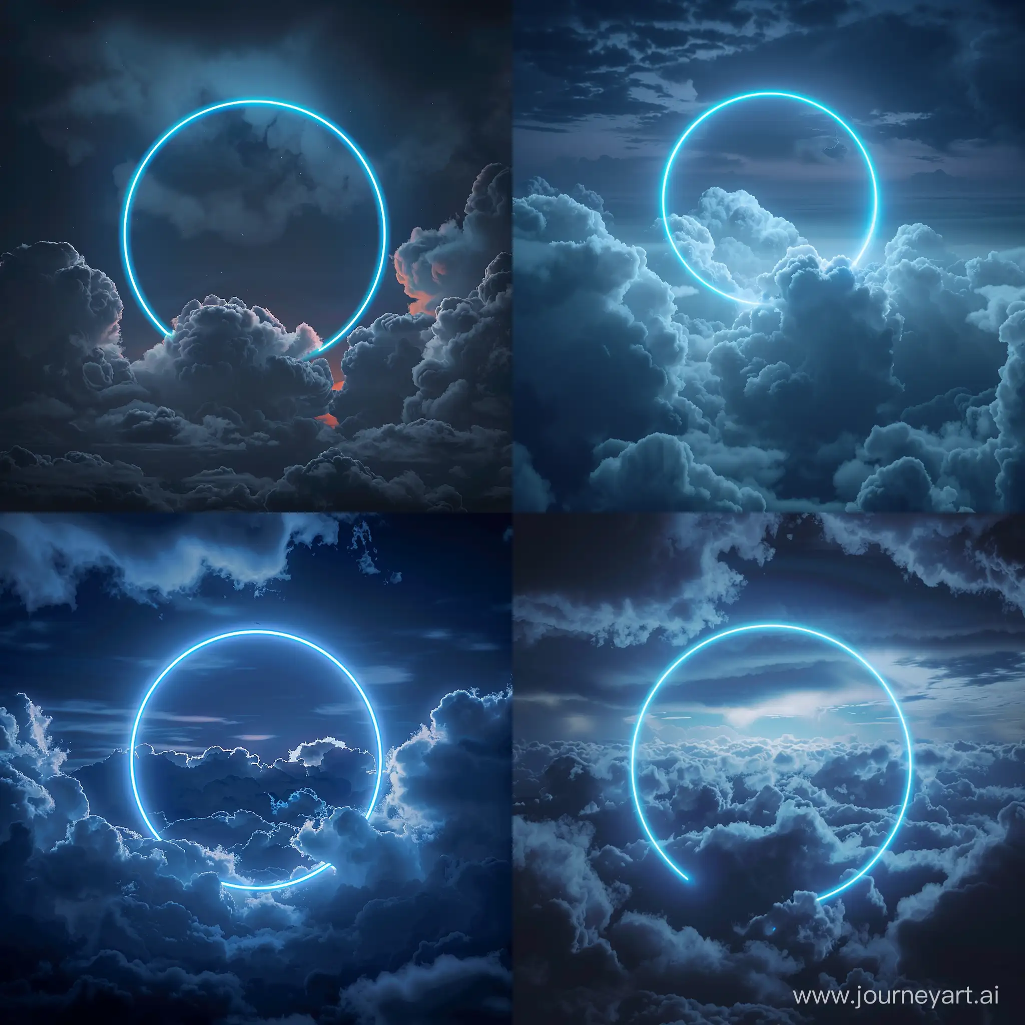 Professional Photography From Cloudy Sky, Neon Blue Circle Between Clouds, Night, Realistic Light Reflections, Dreamy Theme, High Quality --v 6.0