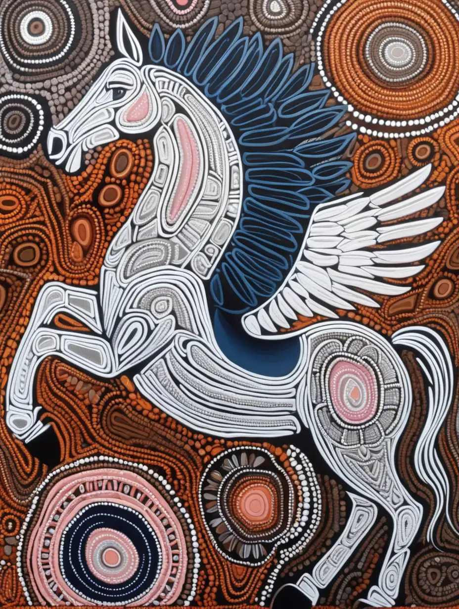 modern-australian-aboriginal-art-in-earthy-colors, with-white background-navy blue, pink-blue-orange-brown-white-grey-black-with-a-pegasus