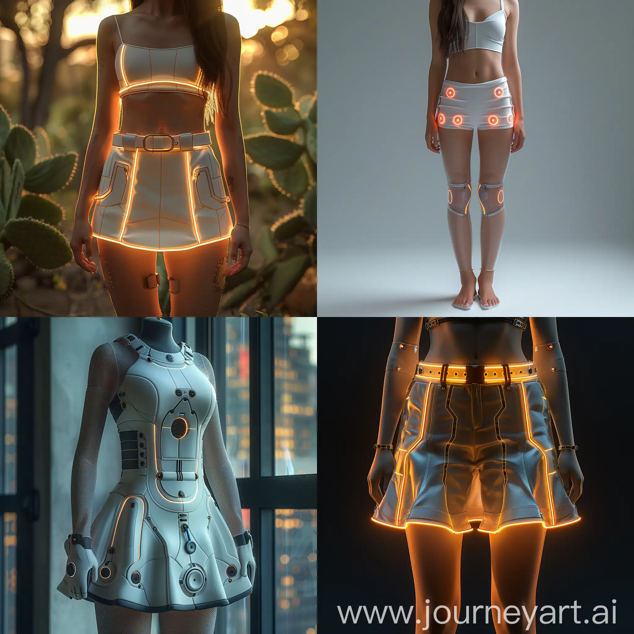 Futuristic mini skirt, Sustainable Materials, Biodegradable, Low-Impact Dyes, Zero Waste Design, Energy-Efficient Production, Fair Trade, Recycled Trimmings, Minimal Packaging, Longevity, Transparency, Smart Fabrics, Embedded Sensors, LED Lighting, Wireless Charging, Augmented Reality (AR) Enhancement, Climate Control, Sound Integration, Gesture Control, UV Protection, Self-Cleaning, Pocket Charger, Bluetooth Connectivity, Mini Speakers, Fitness Tracker, GPS Navigation, Camera, Emergency Alarm, Heating and Cooling System, Digital Display, Remote Control, octane render --stylize 1000