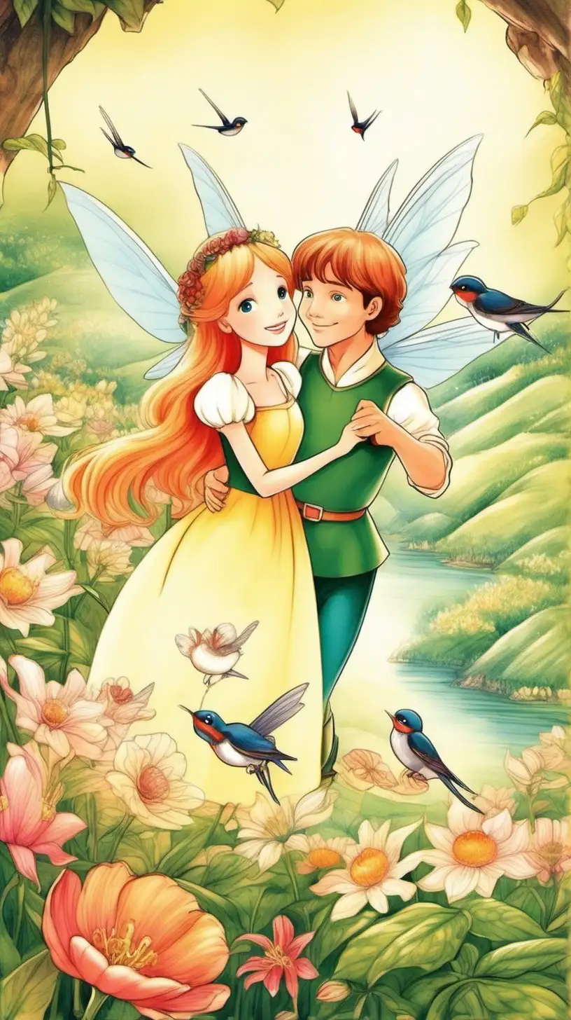 Thumbelina
Thumbelina and the prince of the land of flowers look happy together

Swallows are visible in the background

fairy tale korea soft illustration
