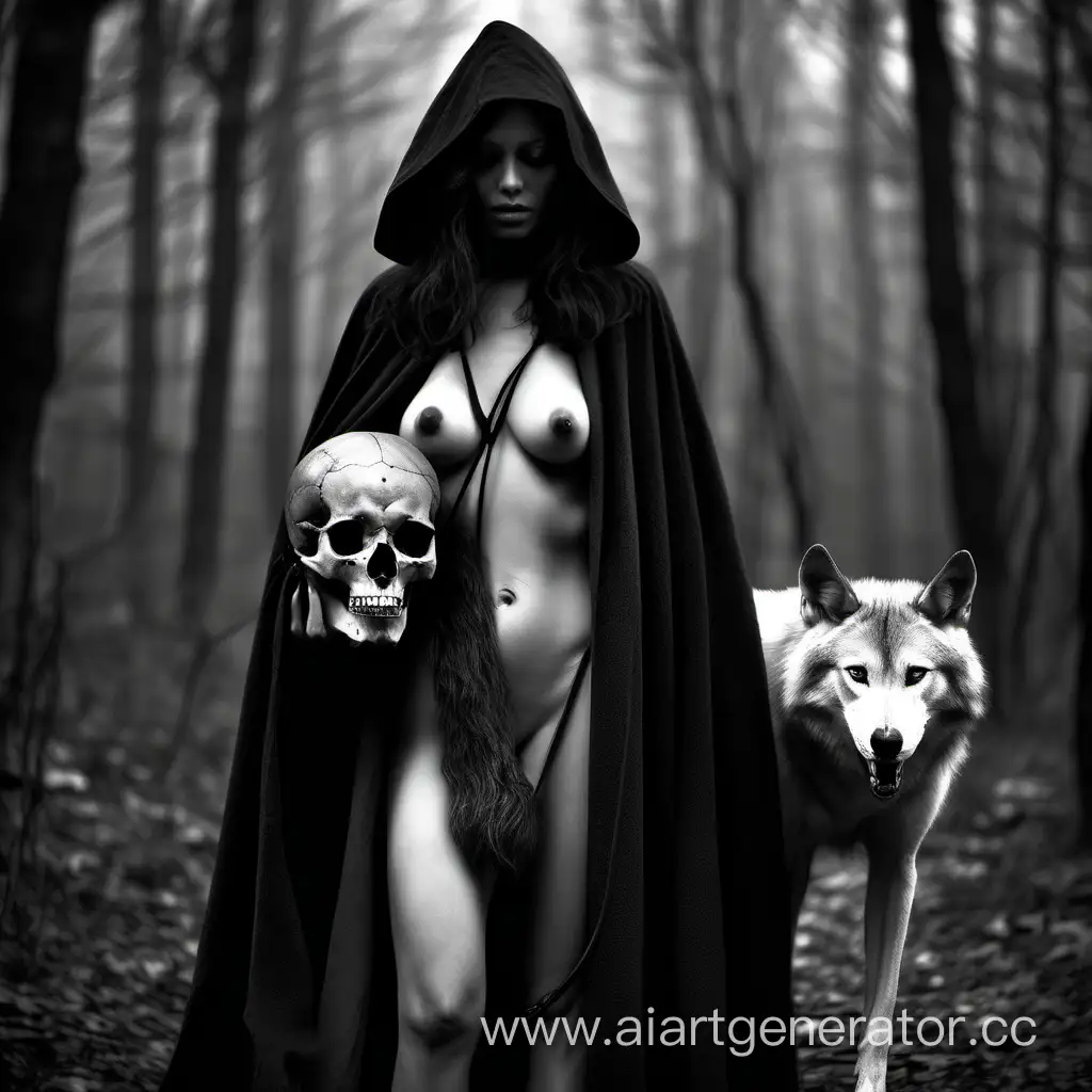 Naked woman in cloak holding a skull on her hand with a wolf on a leash