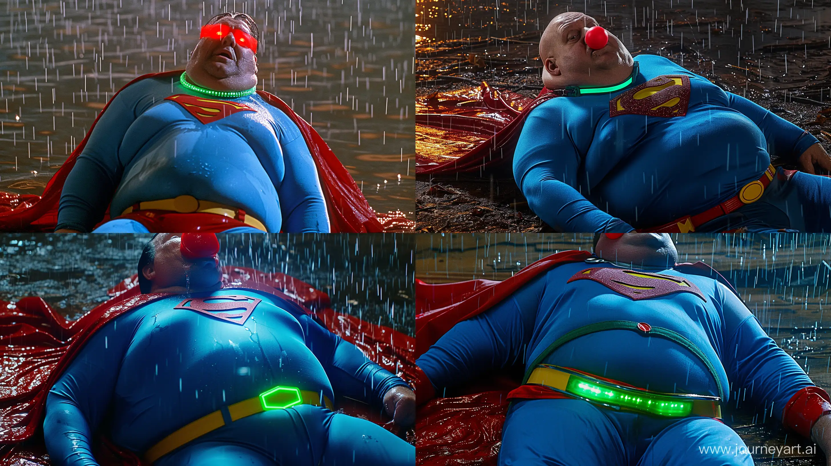 Close-up photo of a fat man aged 60 wearing a tight blue 1978 smooth superman costume with a red cape. Red gag inside his mouth. Tight green glowing neon dog collar around the neck. Lying in the rain. Blue shirt. Blue pants. Red boots. Red Trunks. Yellow Belt. Natural Light. River. --style raw --ar 16:9