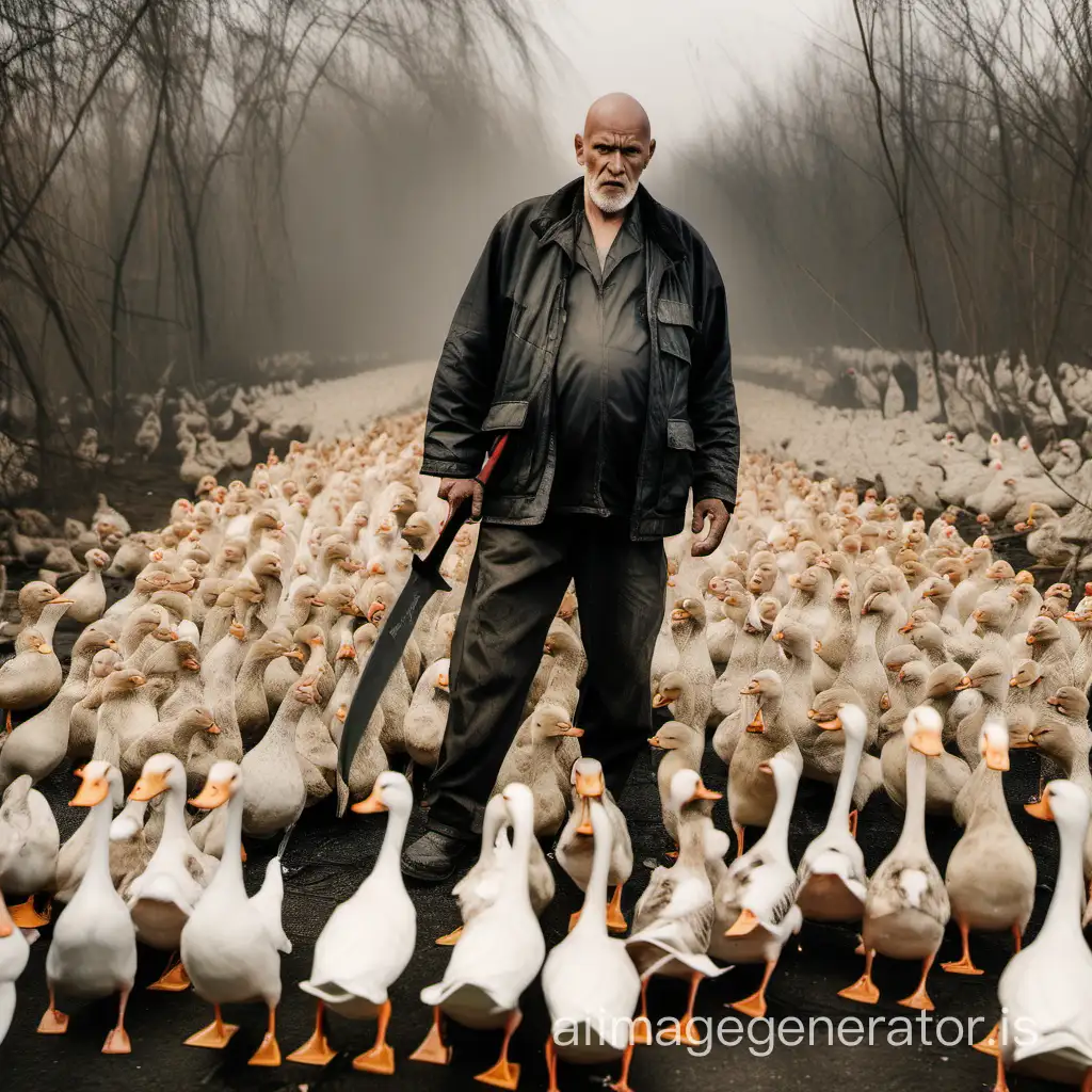 A bald man, around 63 years old with a machete in hand, surrounded by about 20 ducks (birds)