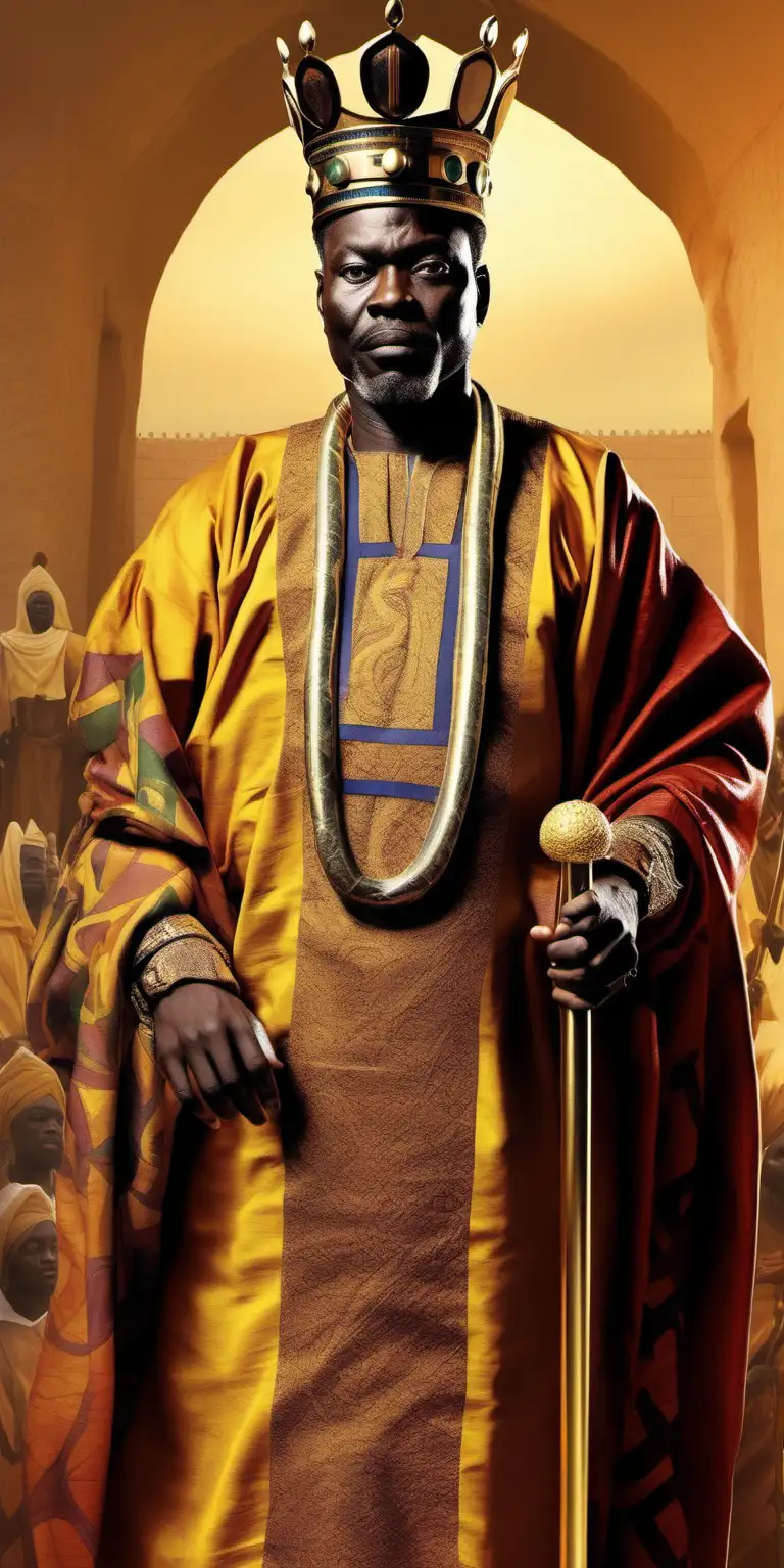 Image of a majestic African king, the predecessor of Mansa Musa in the 13th-century Mali Empire. He should be depicted in traditional royal attire, with richly colored robes, elaborate textiles, and adornments symbolizing his position and power. The king should have a noble and confident posture, with a gaze that conveys wisdom and authority. . The background should be simple or abstract, focusing attention on the king. The image should capture the essence of an influential and respected African leader, reflecting the rich history and culture of the Mali Empire.