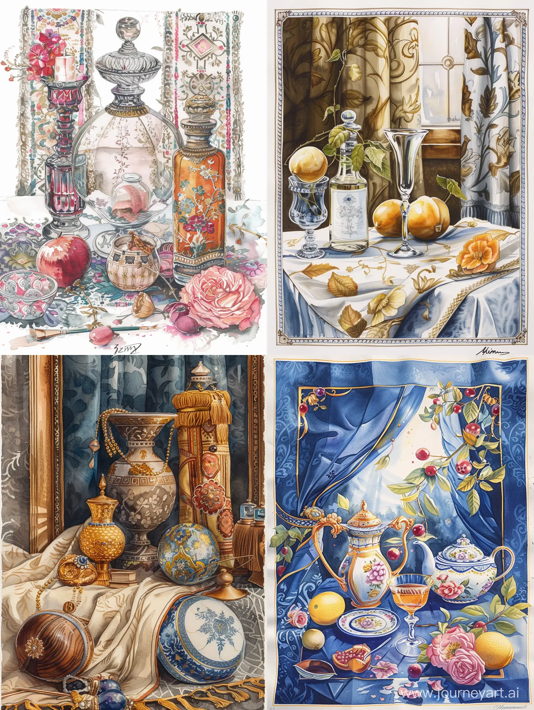 zimmerman asthetic art using watercolors to depict objects of beauty, eastern european style, elegant, inspired by themes and styles hermes uses within the artworks featured on their scarf prints, 
