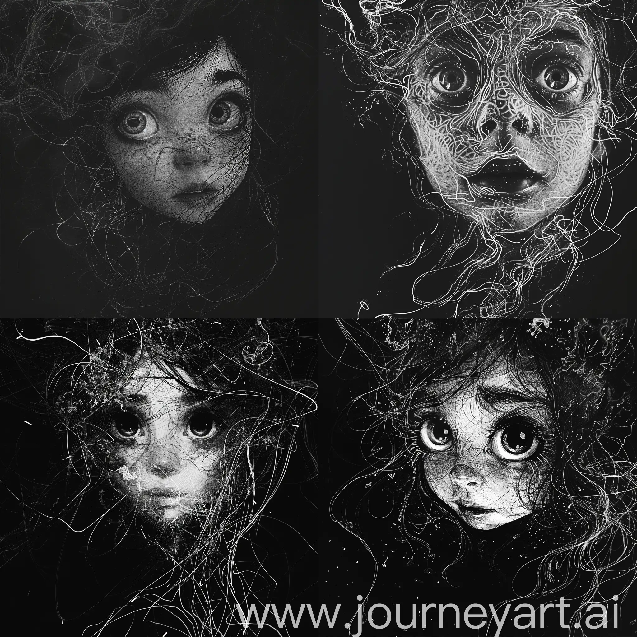 Sloppy ink drawing, full-length beautiful face of a girl with big eyes, dark gloomy energy on a black background, flaming world, intricate fractal, 3d, horror, spectacular, 16k, surrealism, careful drawing of details, clear contour, threads, sparks, realistic, incredible monochrome background, bright, the synergy of smoke and fire, ice and flame