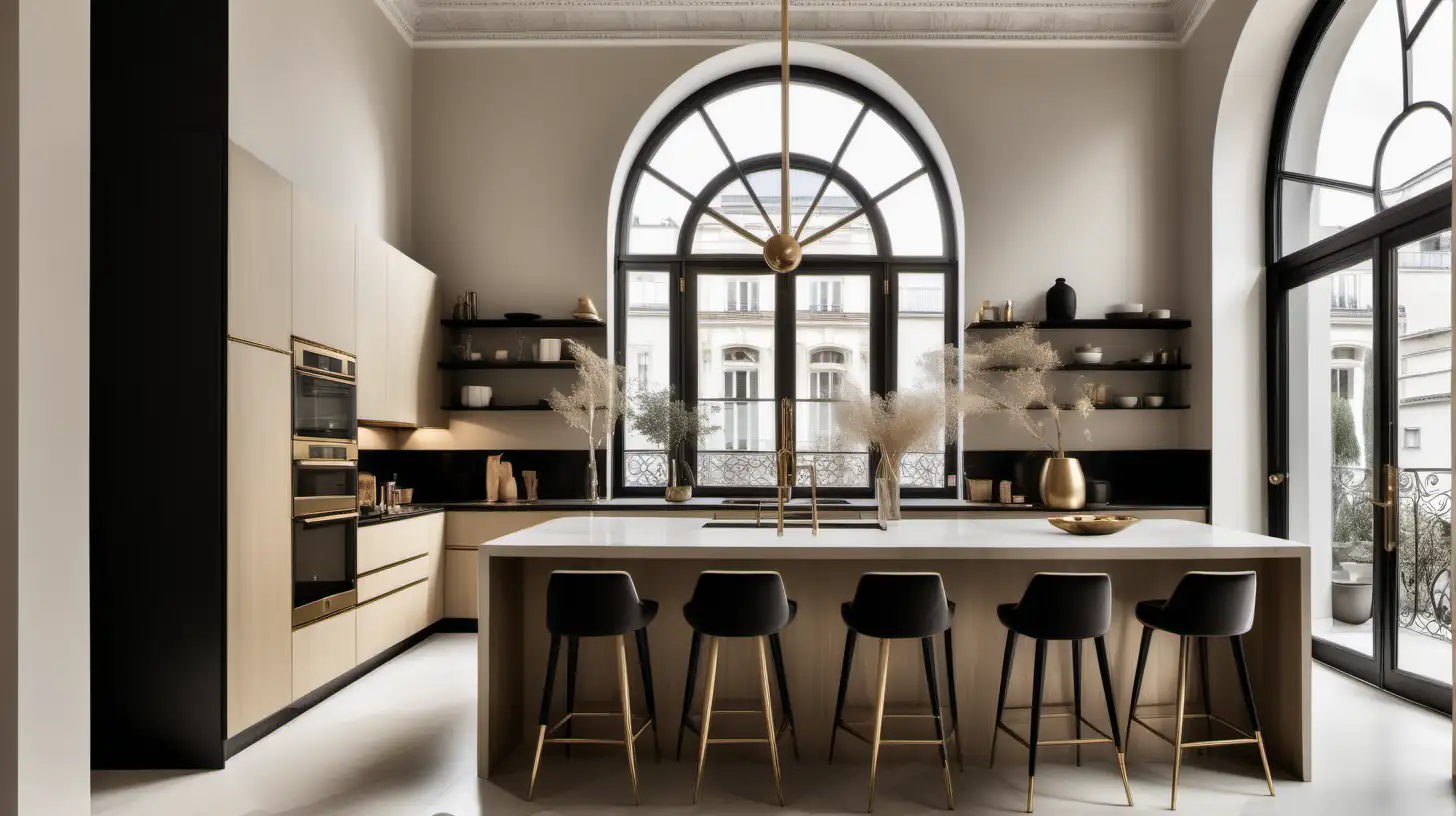 imagine an organic modern minimalist Parisian large hotel-style home kitchen with high ceilings in a colour palette of beige, black, oak and brass; sunlight;