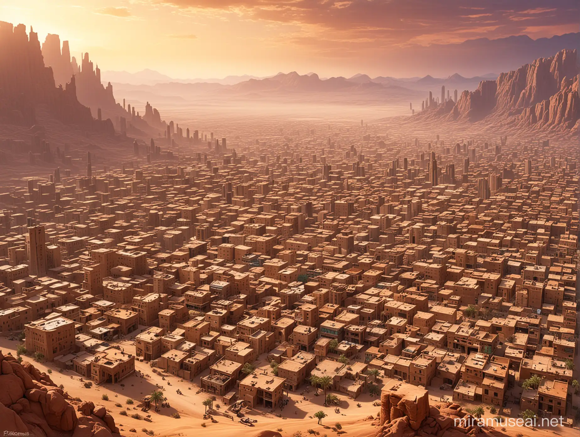 Vibrant Desert Cityscape Ancient Architecture Amidst Sand Dunes