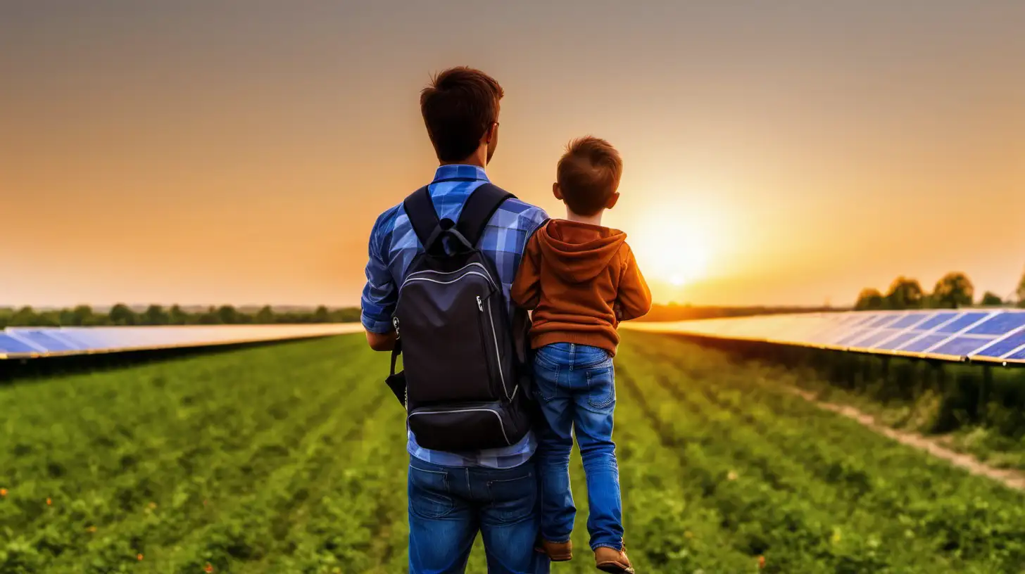 son holding  child, back view looking at solar panels in field, sun setting but image bright

