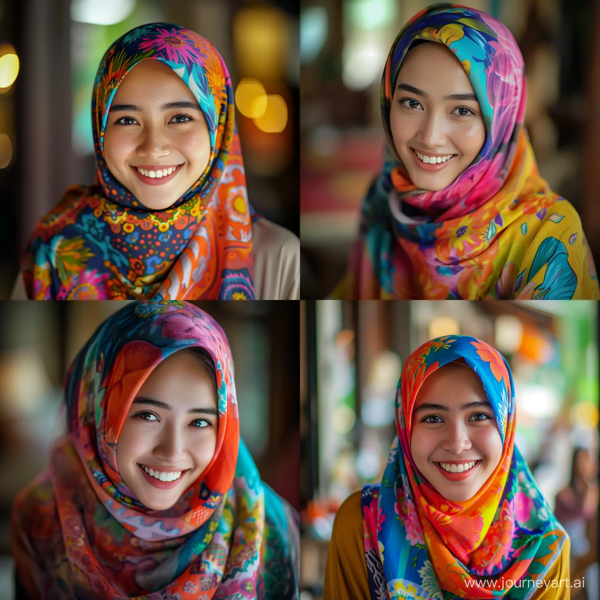 a young beautiful Indonesian woman, 19 years old, wearing a colorful hijab and smiling brightly, captured in high-definition detail, with a realistic and naturalistic style, emphasizing the vibrant colors of her hijab, expressive facial features, Canon EOS R5, 50mm f/1.8 lens, warm and inviting atmosphere
