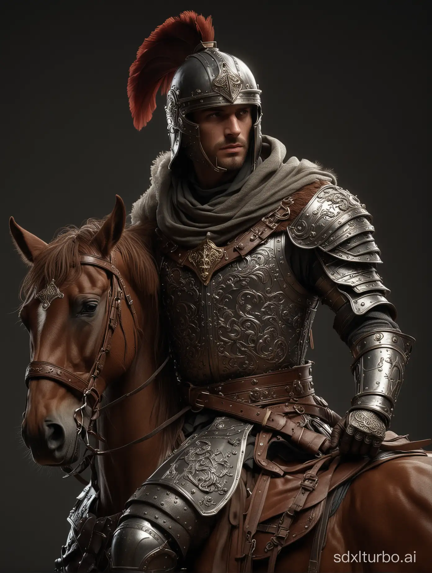 A handsome knight in his 20's wearing a European helmet and armor,  on a brown horse, looksto the left  perfect composition, beautiful detailed intricate insanely detailed octane render trending on artstation, 8 k, photorealistic concept art, soft natural volumetric cinematic perfect light, chiaroscuro,  masterpiece, caravaggio, greg rutkowski , lookind perfect composition, beautiful detailed intricate insanely detailed octane render trending on artstation, 8 k, photorealistic concept art, soft natural volumetric cinematic perfect light, chiaroscuro,  masterpiece, caravaggio, greg rutkowski