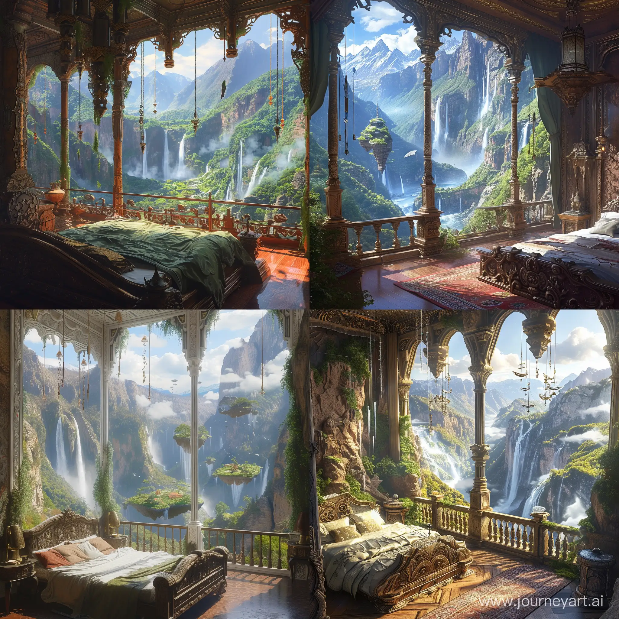 a bedroom, Daytime; the room is bathed in natural sunlight streaming through large, open windows, Overlooking a serene mountain valley with cascading waterfalls and floating islands, inhabited by wise mountain spirits, Bed with mountain-themed headboard, carved stone bedside tables, and a balcony adorned with wind chimes that harmonize with the mountain breeze.,1970's dark fantasy style, aesthetic, detailed --v 6 --ar 1:1 --no 8846