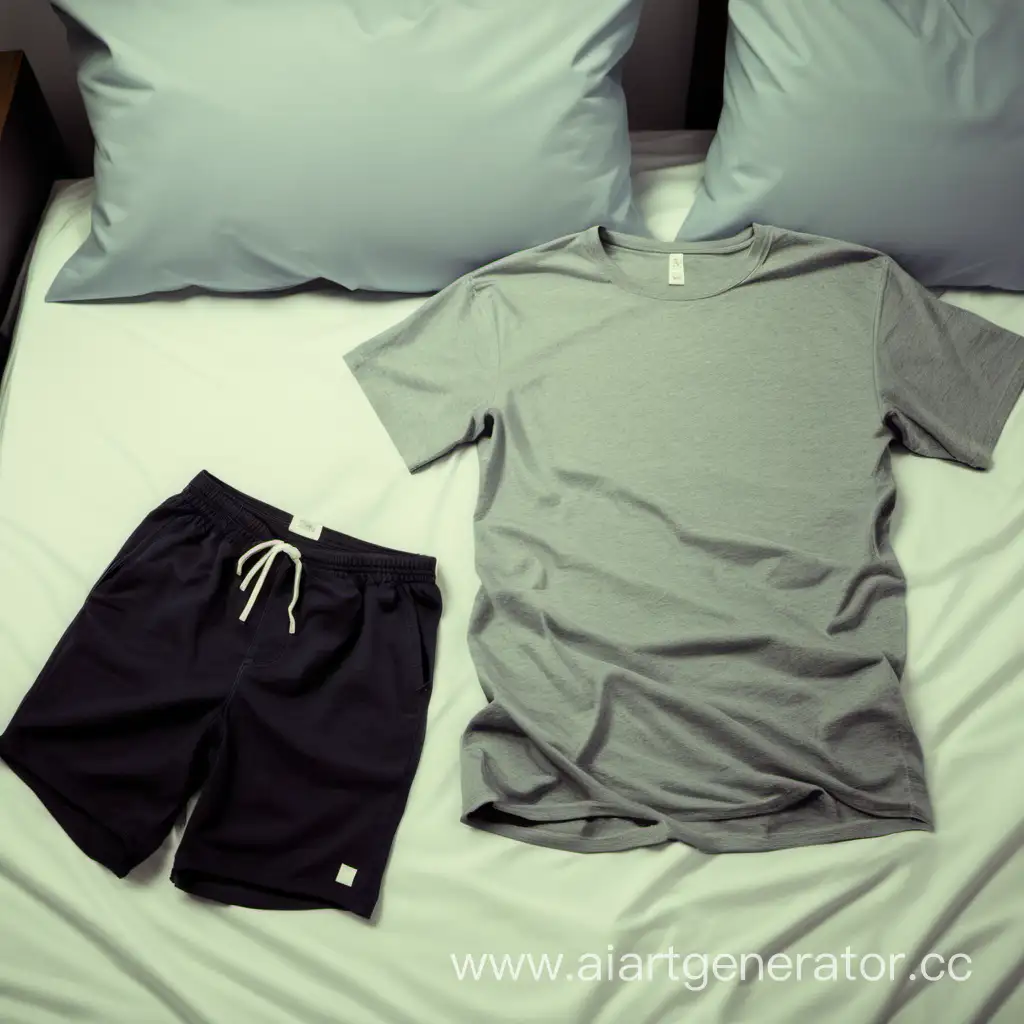 A T-shirt and shorts are lying on the bed