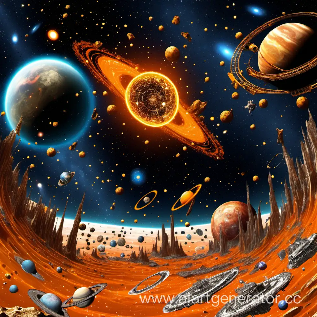 оранжевый космос среди планет с кольцами из метеоритов и обломков кораблей, а на фоне взрыва созвездий и галактик
