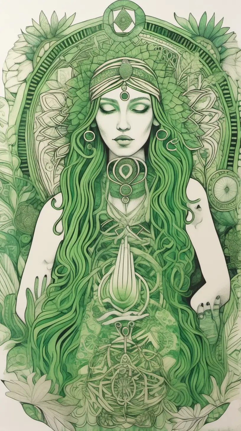 a drawing reflecting bohemian aesthetics with early green tones, feminine motifs and symbols of connection and community. Convey a sense of empowerment, wellness and femininity