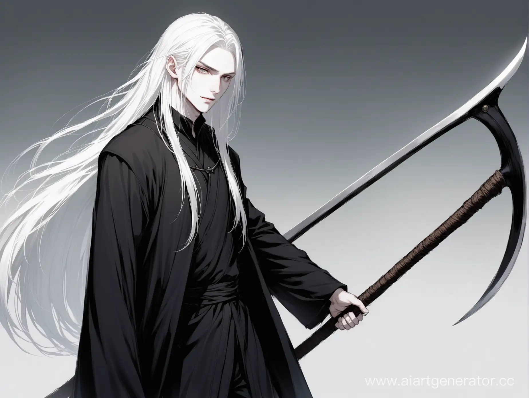 long straight white hair pale skin male with scythe