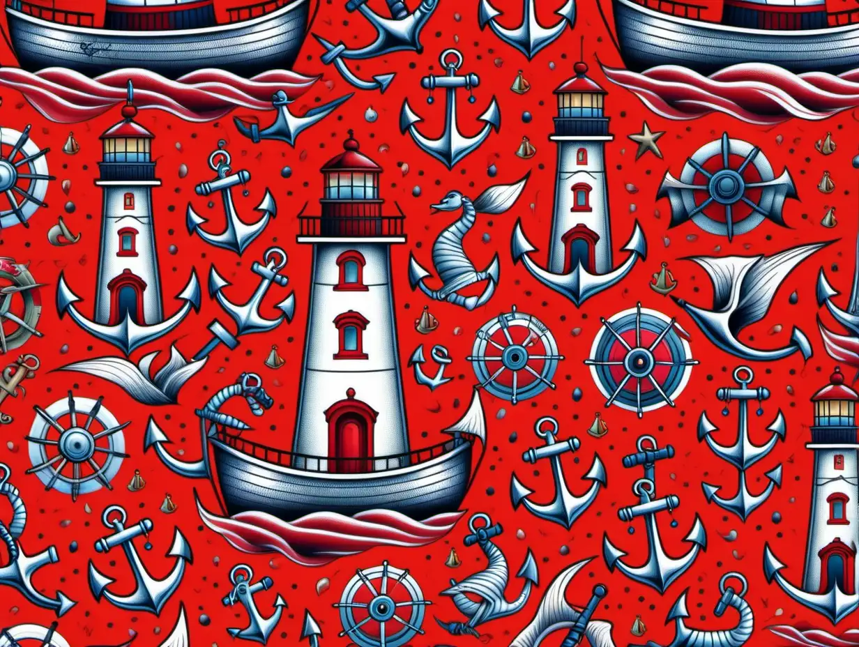 Pattern seamless, Oldschool tattoo Design, light house, sailing ship, anchor, colorful, red backround