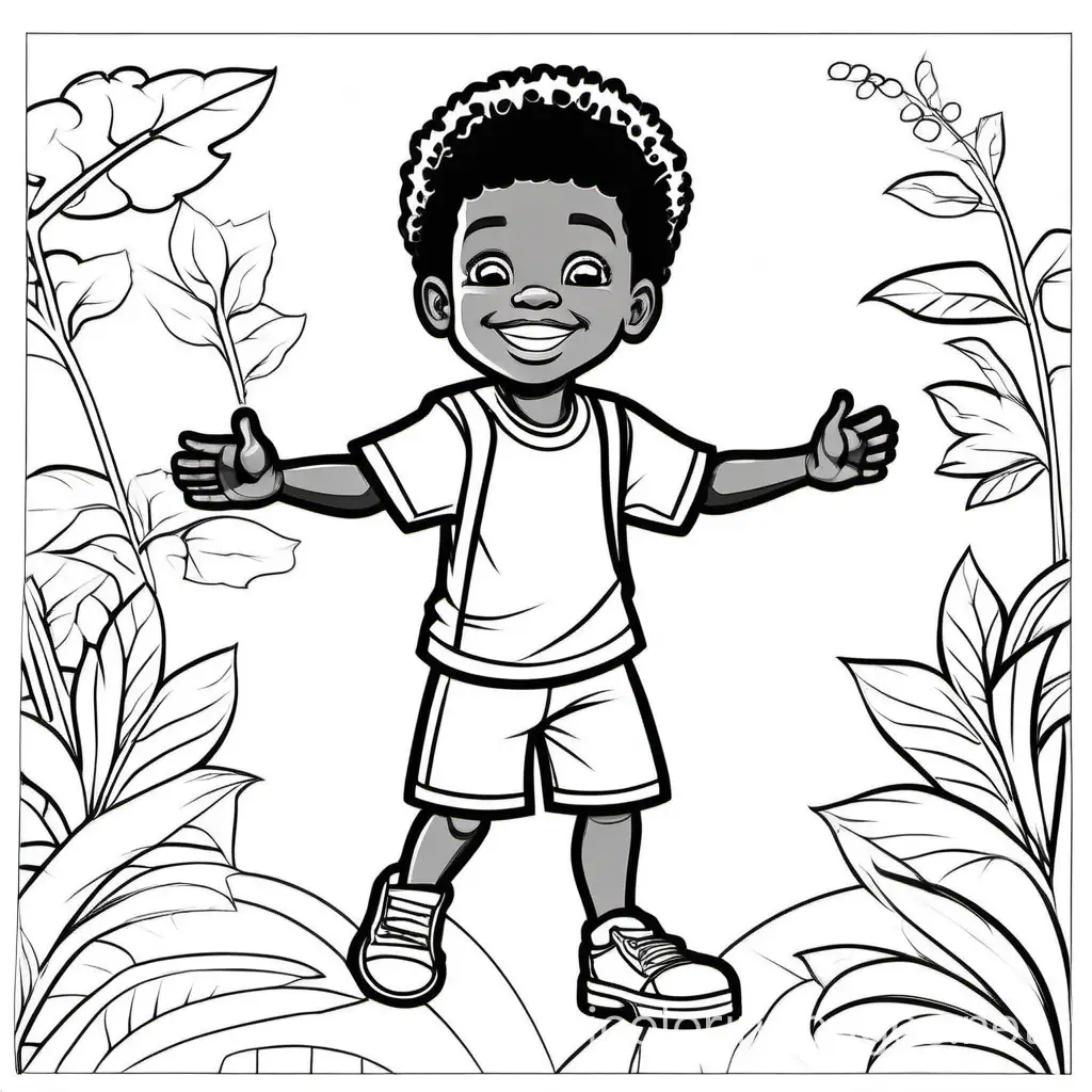 An African American energetic kid full body, Coloring Page, black and white, line art, white background, Simplicity, Ample White Space. The background of the coloring page is plain white to make it easy for young children to color within the lines. The outlines of all the subjects are easy to distinguish, making it simple for kids to color without too much difficulty