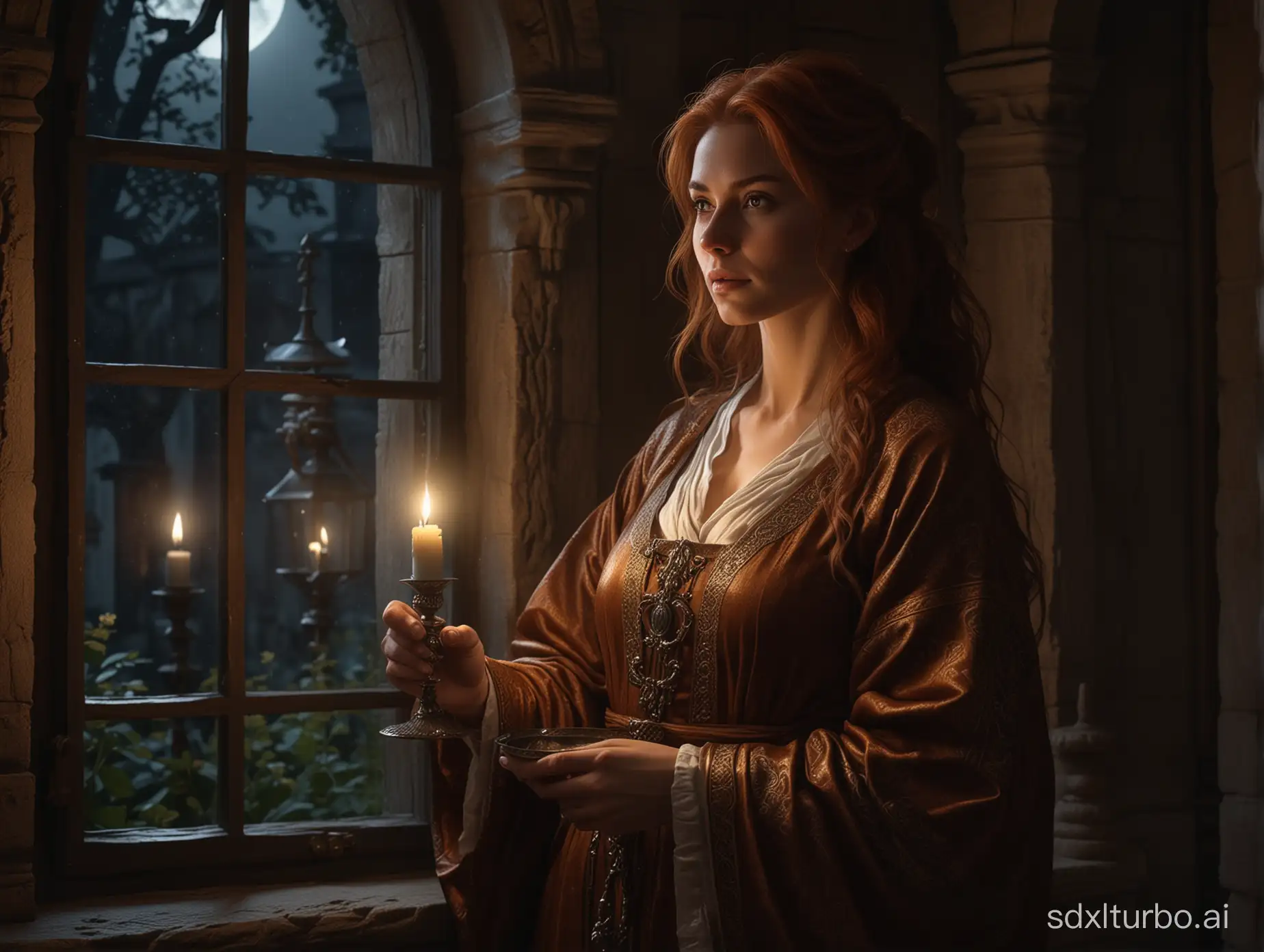 A woman in her thirties with loose ((russet)) hair, in a medieval robe, holding a candelabrum in her hand, looks through the night window down in the yard and sees a wolf illuminated by the full moon, perfect composition, beautiful detailed intricate insanely detailed octane render trending on artstation, 8 k, photorealistic concept art, soft natural volumetric cinematic perfect light, chiaroscuro, masterpiece, greg rutkowski
