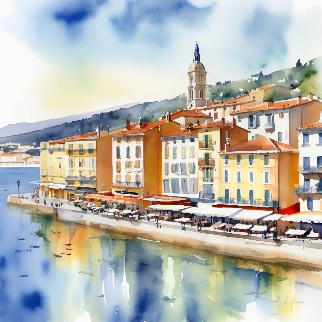 Serene Watercolor Painting of Nice France Coastal Beauty in Soft Hues