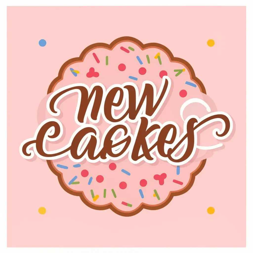 logo, CAKE ROUND SHAPED  LIGHT PINK COLOUR, with the text "NEW CAKES", typography