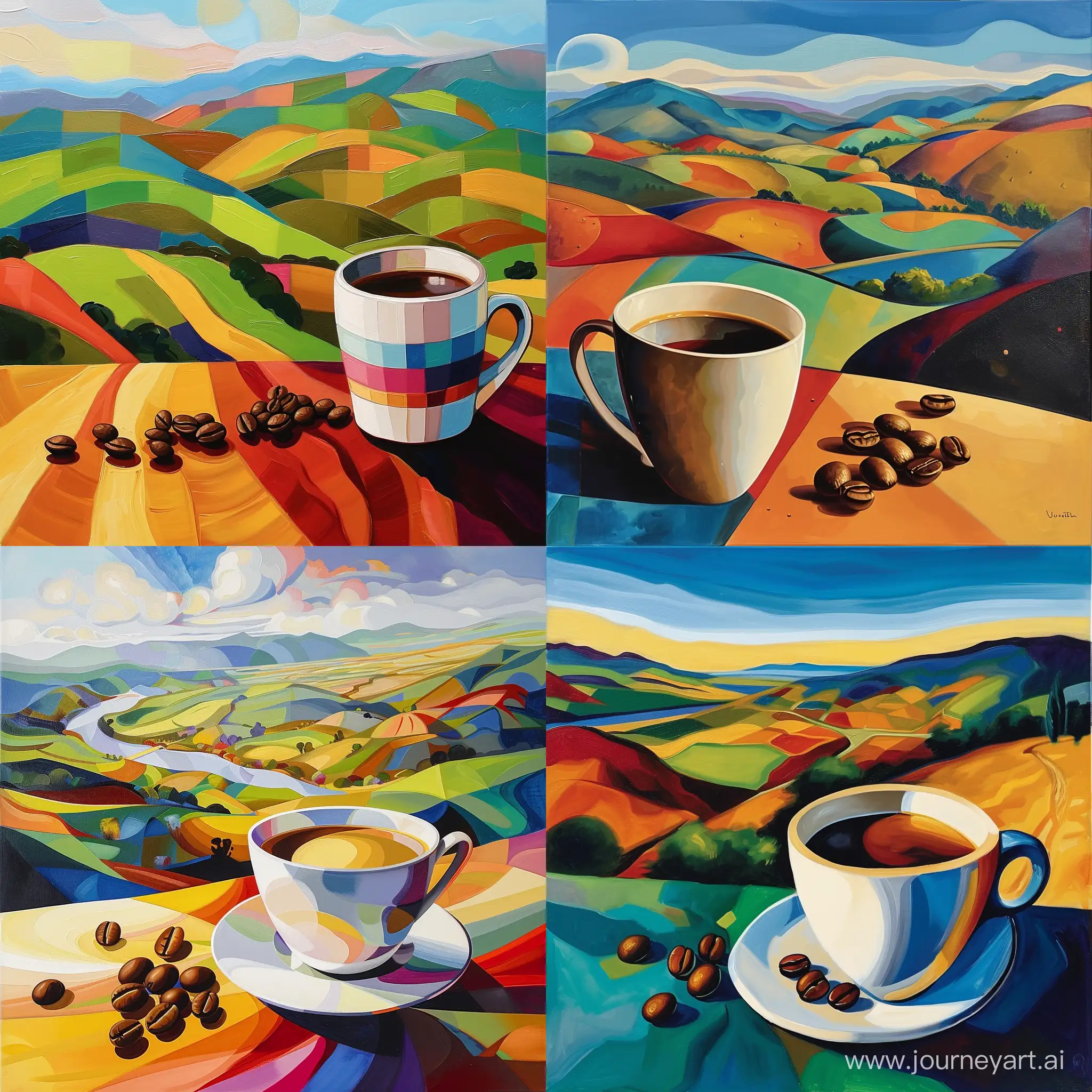 картина в стиле кубизм, на переднем плане чашка кофе, радом лежат 5 зерен кофе, на заднем яркий пейзаж эфиопии.