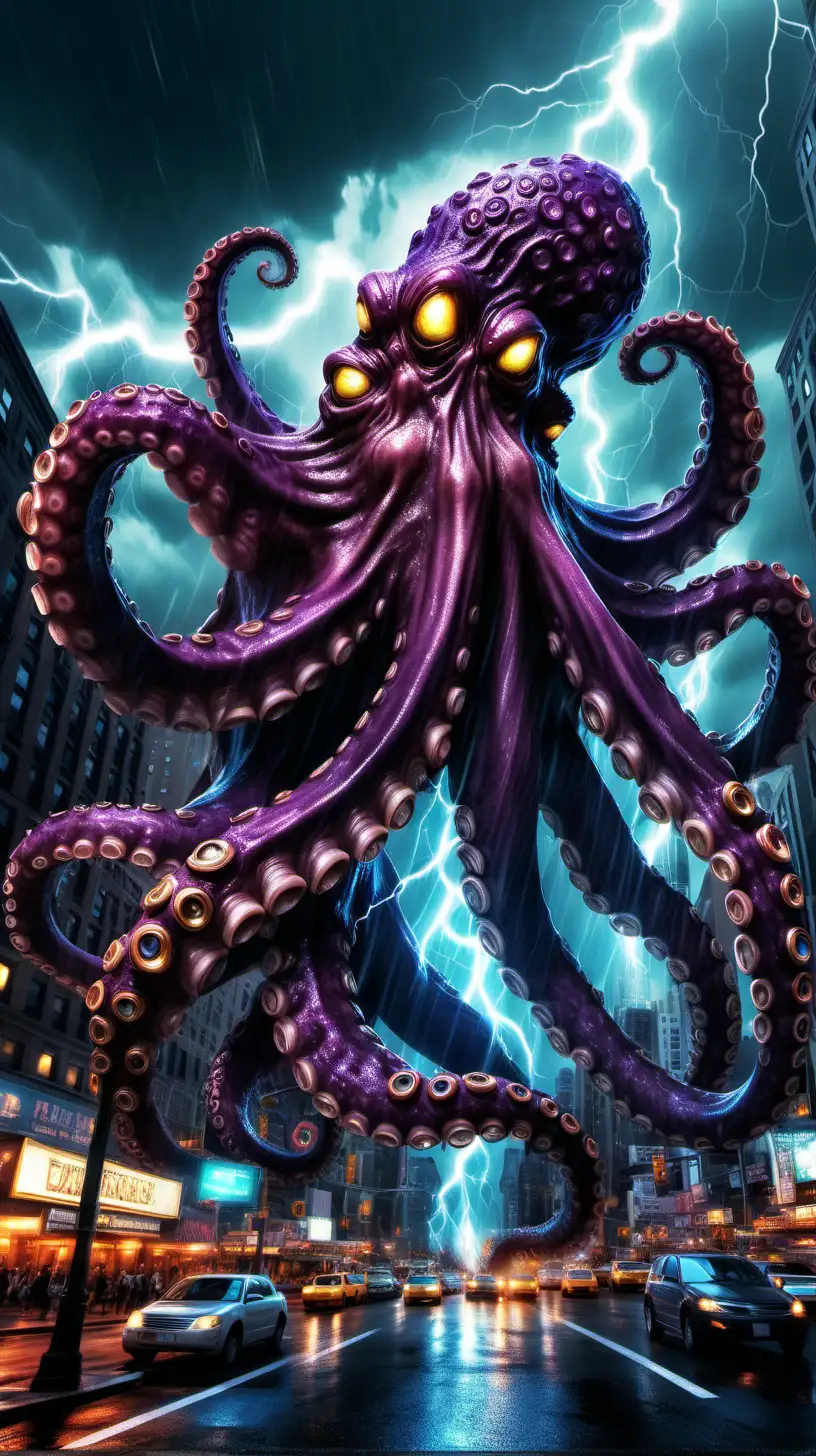 An octopus like Monster with one eye Surrounded with lightning at night in New York City in the style of World of Warcraft characters, extreme detailed digital art dramatic lighting