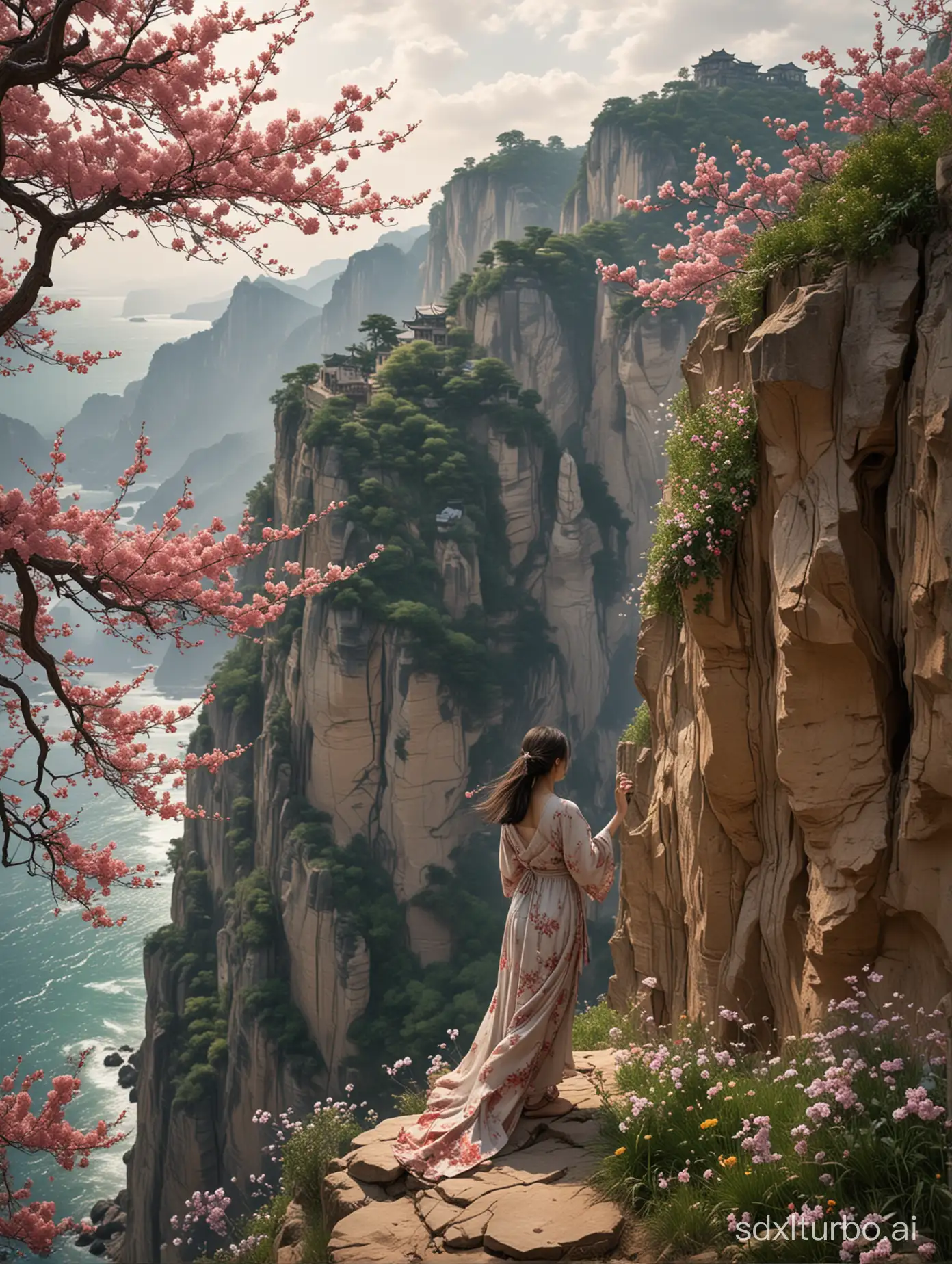 Chinese-Girl-in-Tattered-Dress-at-Cliffs-Edge-with-Blooming-Tree-and-Gazing-Boy