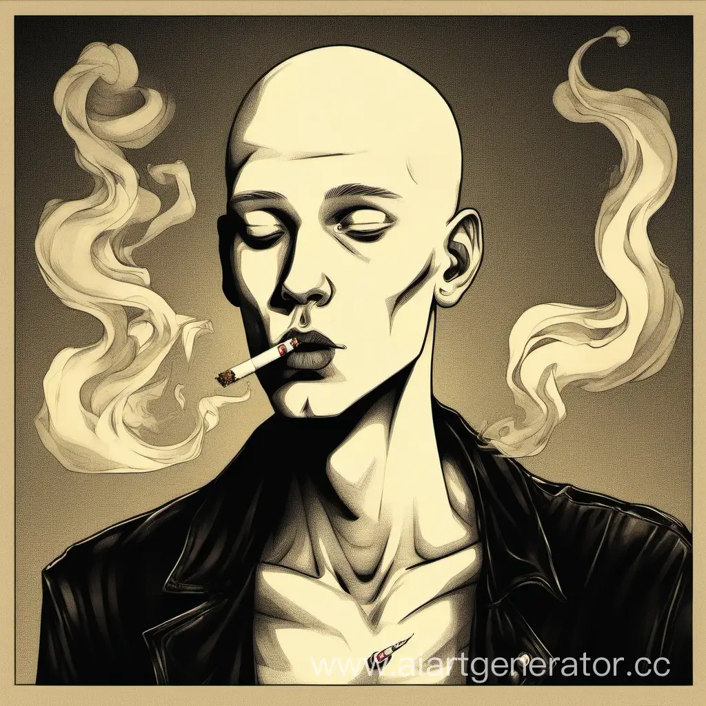 арт для песни, где будет молодой человек лет 20 без волос, белого цвета кожи с сигаретой во рту

