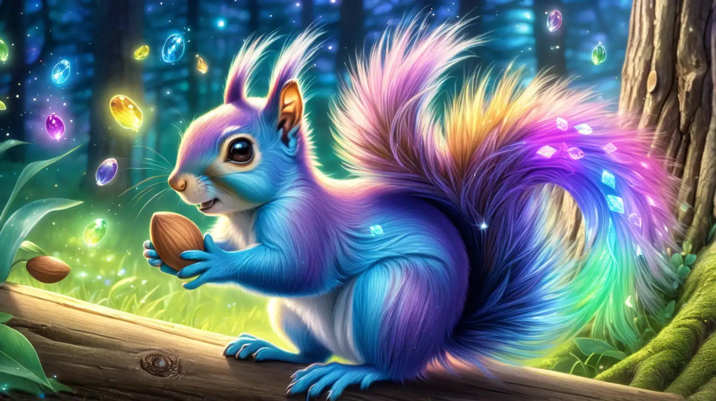 in anime style, a mystical forest realm with  magical shimmering lavenders and blues, a magical rainbow squirrel that has fur that twinkles like the night sky as they navigate the enchanted trees with boundless energy. They gather luminescent nuts and seeds,