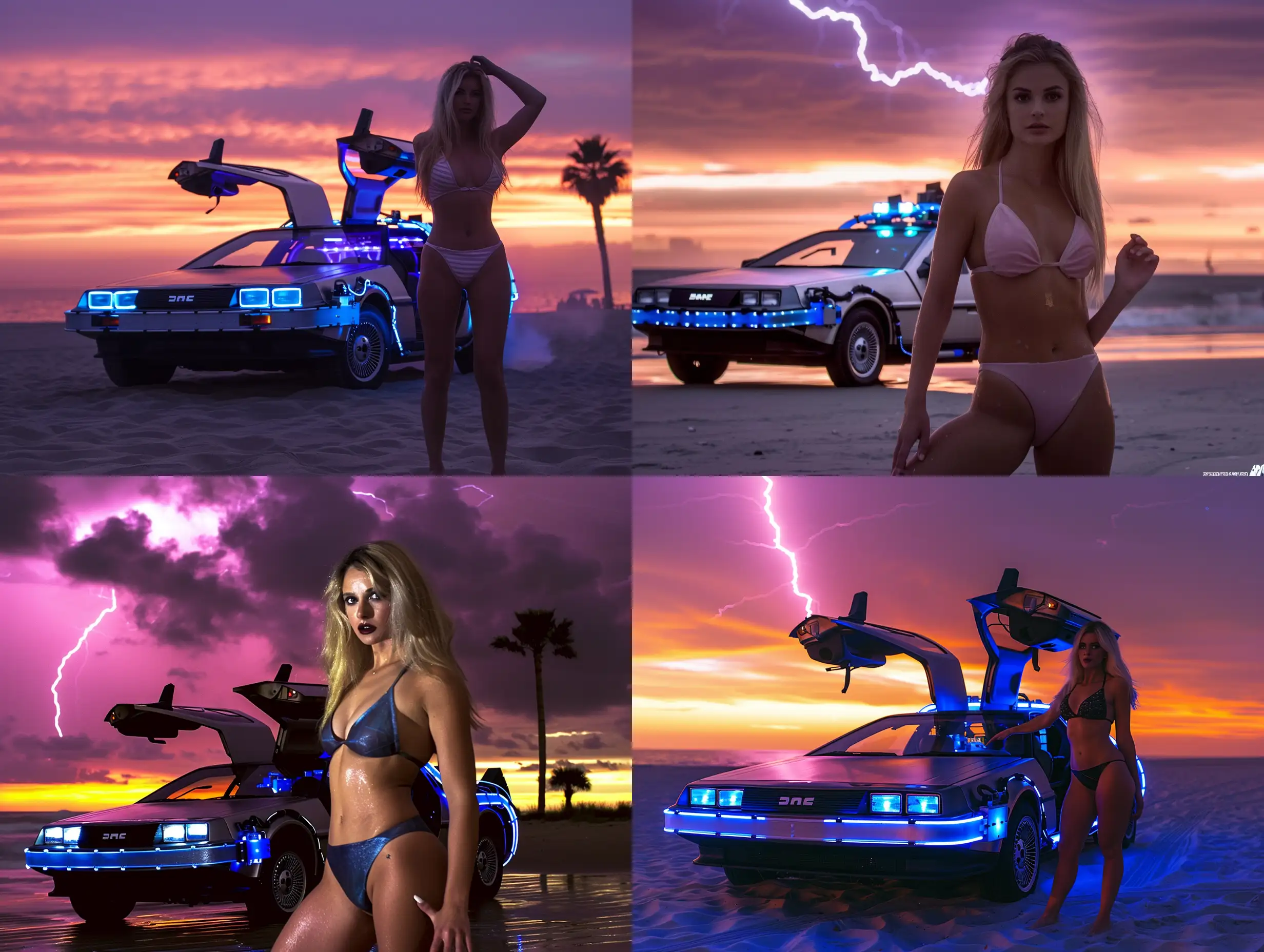 Blonde in swimsuit in foreground posing for camera, with Back to the future delorean in background on Beach at sunset. scifi,  blue lightning in sky,  purple sky, smoky, fire trails, artistic, bright