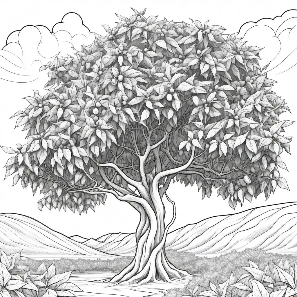 /imagine, coloring pages for kids, detailed manchineel bush with multiple thin branches, low windy vertical branches, CARTOON style, thick lines, low detail, no shading–ar 9:11