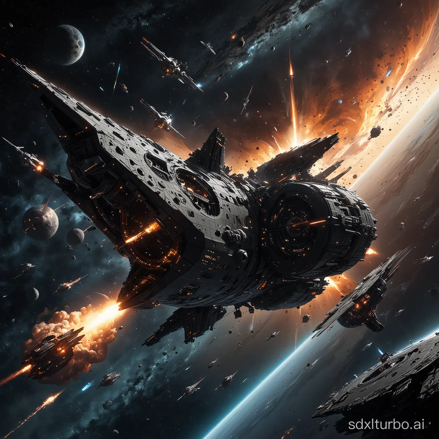 "Create an image that depicts an epic space battle, similar in visual style to Star Wars. Several spacecraft of different sizes are engaging in combat in space. In the foreground, highlight a distinctive spacecraft, recognizable by its unique features inspired by the fictional planet Hubobalipopotrototo. The habitability of this spacecraft should reflect elements of the culture or environment of this planet, with distinct patterns and shapes that differentiate it from other vessels. Ensure that this inhabitant of Hubobalipopotrototo is clearly identifiable, perhaps by their physical appearance or uniform. In the background of the image, include a massive black hole, creating a stark contrast with the chaotic action of the space battle. The distorted light and gravitational distortions around the black hole should add a dark and menacing atmosphere to the scene. Ensure that the overall composition of the image is dynamic and captivating, capturing the intensity of space warfare and the grandeur of space."
