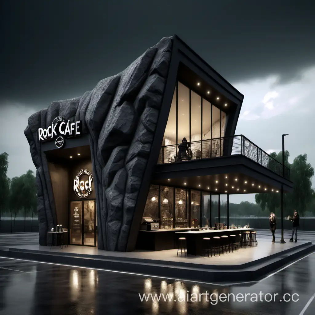 отдельно стоящее рок-кафе в стиле музыкальной группы "Три дня дождя", архитектура, рок