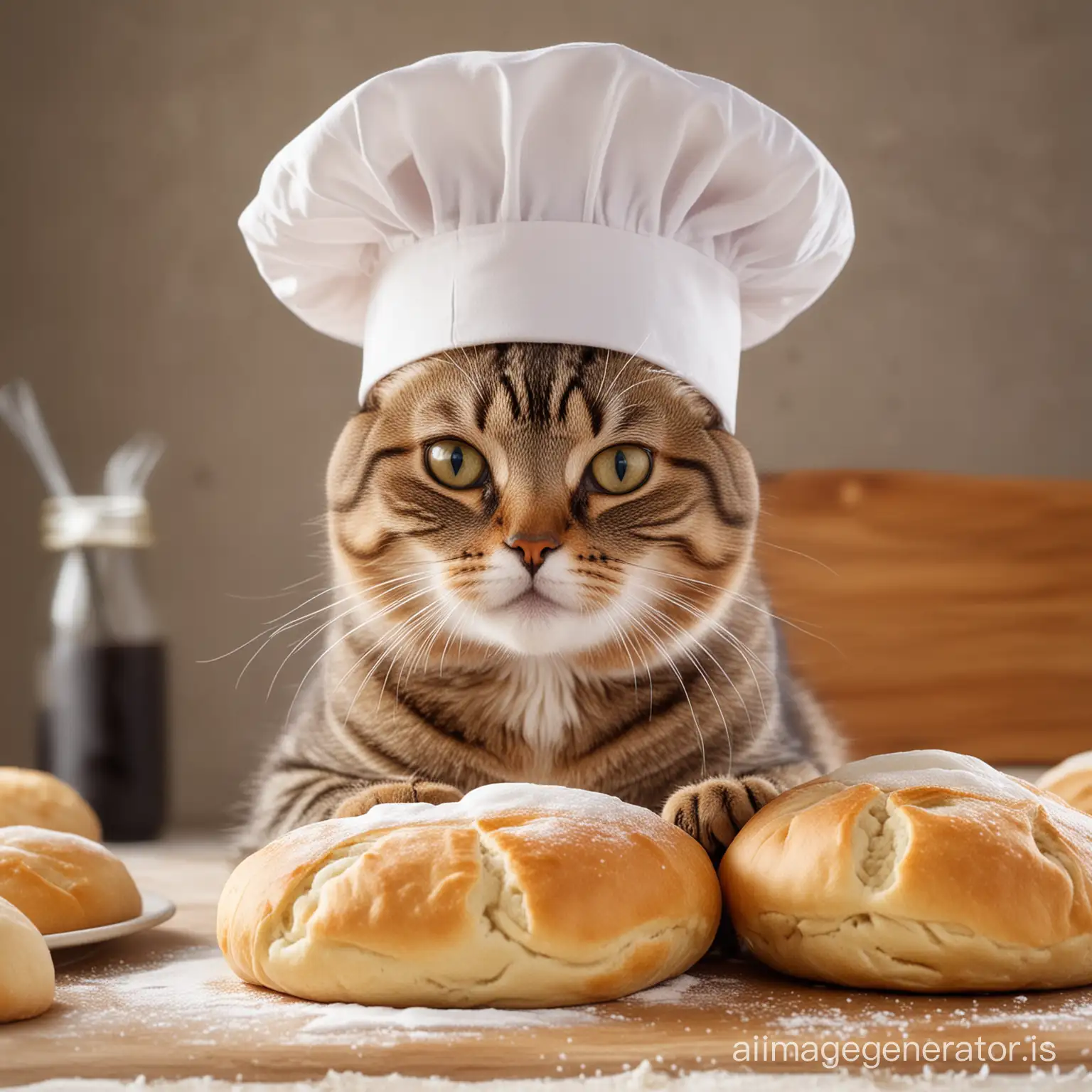 A tabby cat with big sweet eyes wearing a chef's hat kneading a dough ball