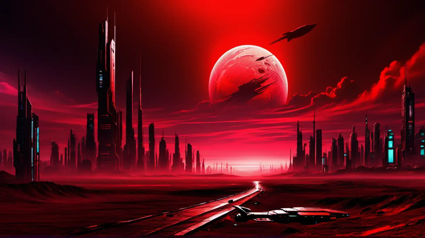 Futuristic Cyberpunk Cityscape Red Sky Over SciFi Landscape