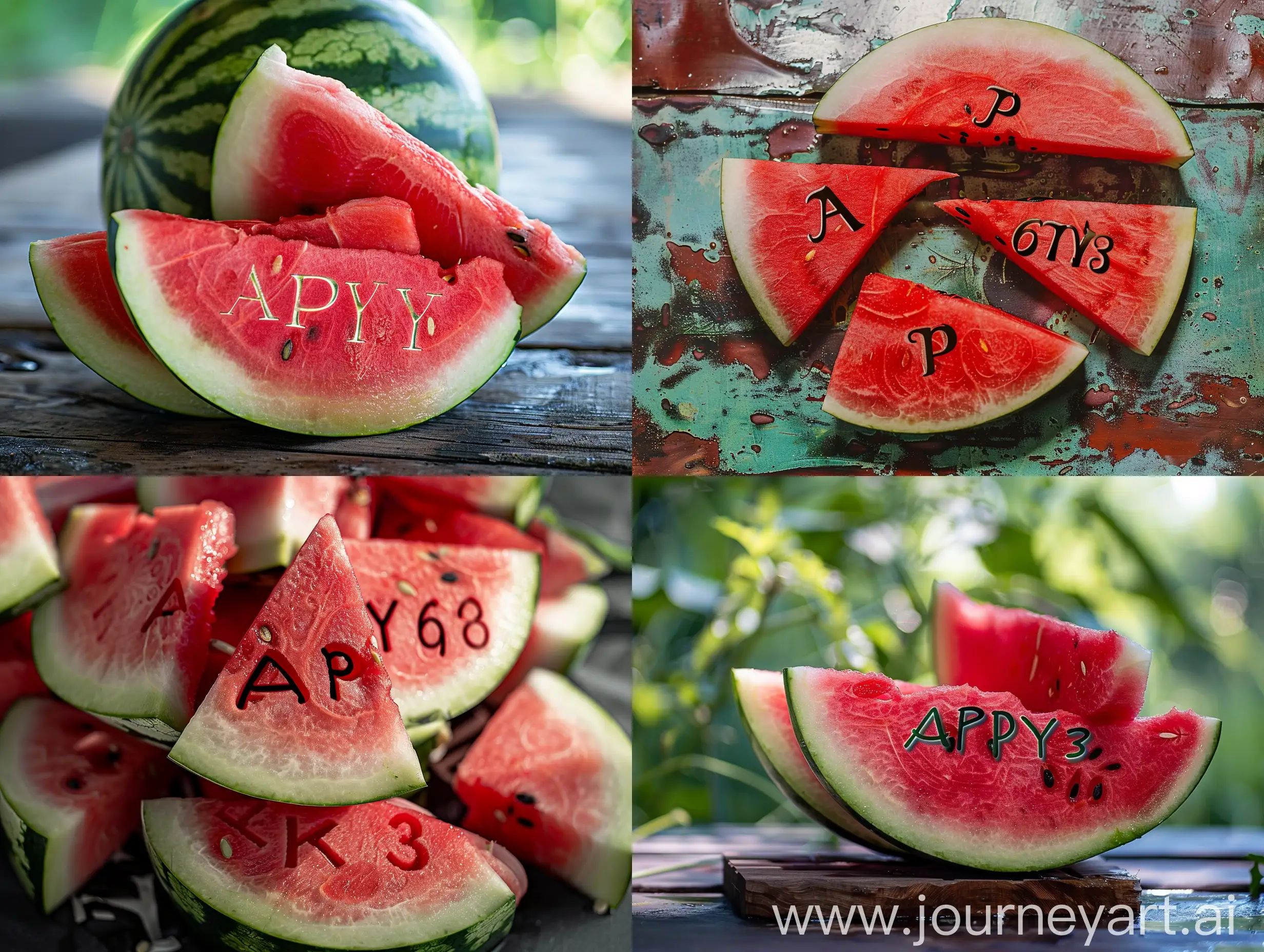 On red watermelon flesh Inscription "AP6Y3" Beautiful Letters