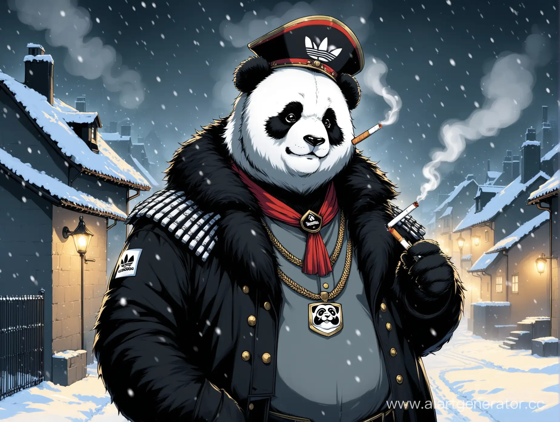 Думер панда фурри с гусарскими усами в адидасе курит сигарету грустный на фоне серых домов из 90-ых идет снег ночью