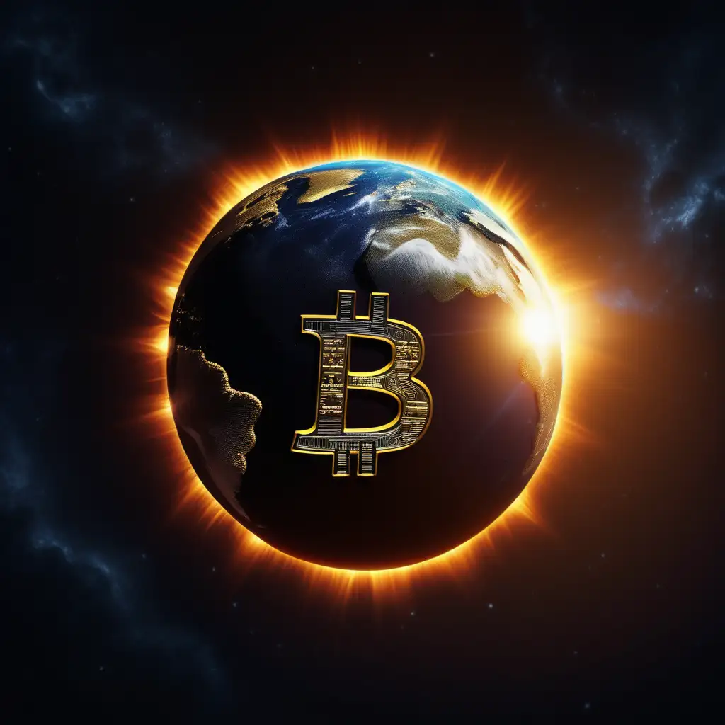 eclipse no espaço sol no formato token bitcoin grande realista 8k planeta terra