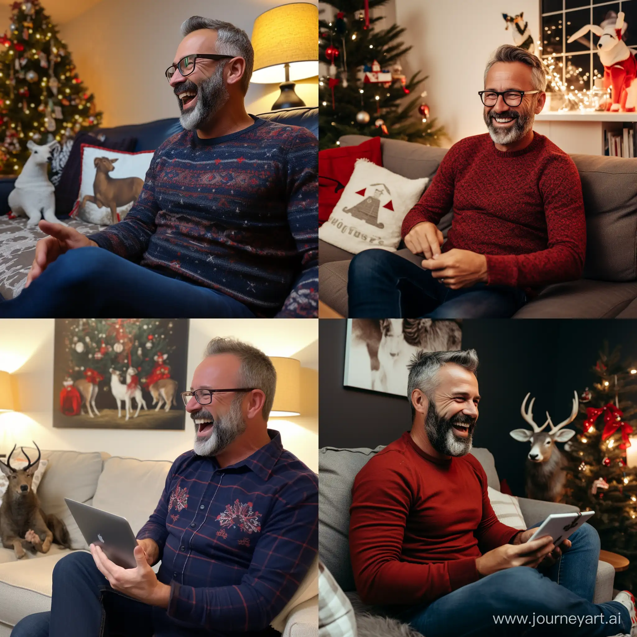 A middle-aged man in jeans and a sweater with reindeer is talking via video link with his wife.  The photo shows a middle-aged man sitting on a sofa in the living room. He is wearing jeans and a sweater with deer on it. The sweater is dark blue with red deer. A man of medium height and build. He has short dark hair and a beard. He smiles and looks relaxed.  He has a phone in his hand, through which he speaks via video link with his wife. The woman on the phone screen is smiling and also looks happy.  There is a mug of fragrant coffee on the table in front of the man. Steam is coming out of the mug because the coffee is hotter. The inscription on the mug is "Light business trip".  The living room is flooded with warm light coming from a floor lamp and a garland on the Christmas tree. There are paintings of winter landscapes on the walls. There is a soft carpet on the floor, on which pillows are scattered.  Outside the window there is a view of the snow-covered city. The red lights of the cars are slightly blurred, creating a feeling of comfort and tranquility. A man enjoys the warmth and comfort of his apartment, despite the cold winter outside the window