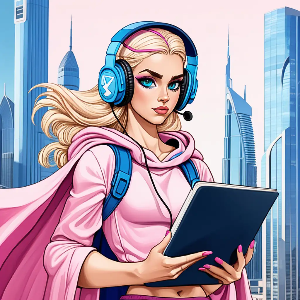 Богиня Фрея , в образе супергероя в городе Дубай в наушниках и с блокнотом в руках, в розовых цветах , мультяшный герой, с большими голубыми глазам, милое лицо