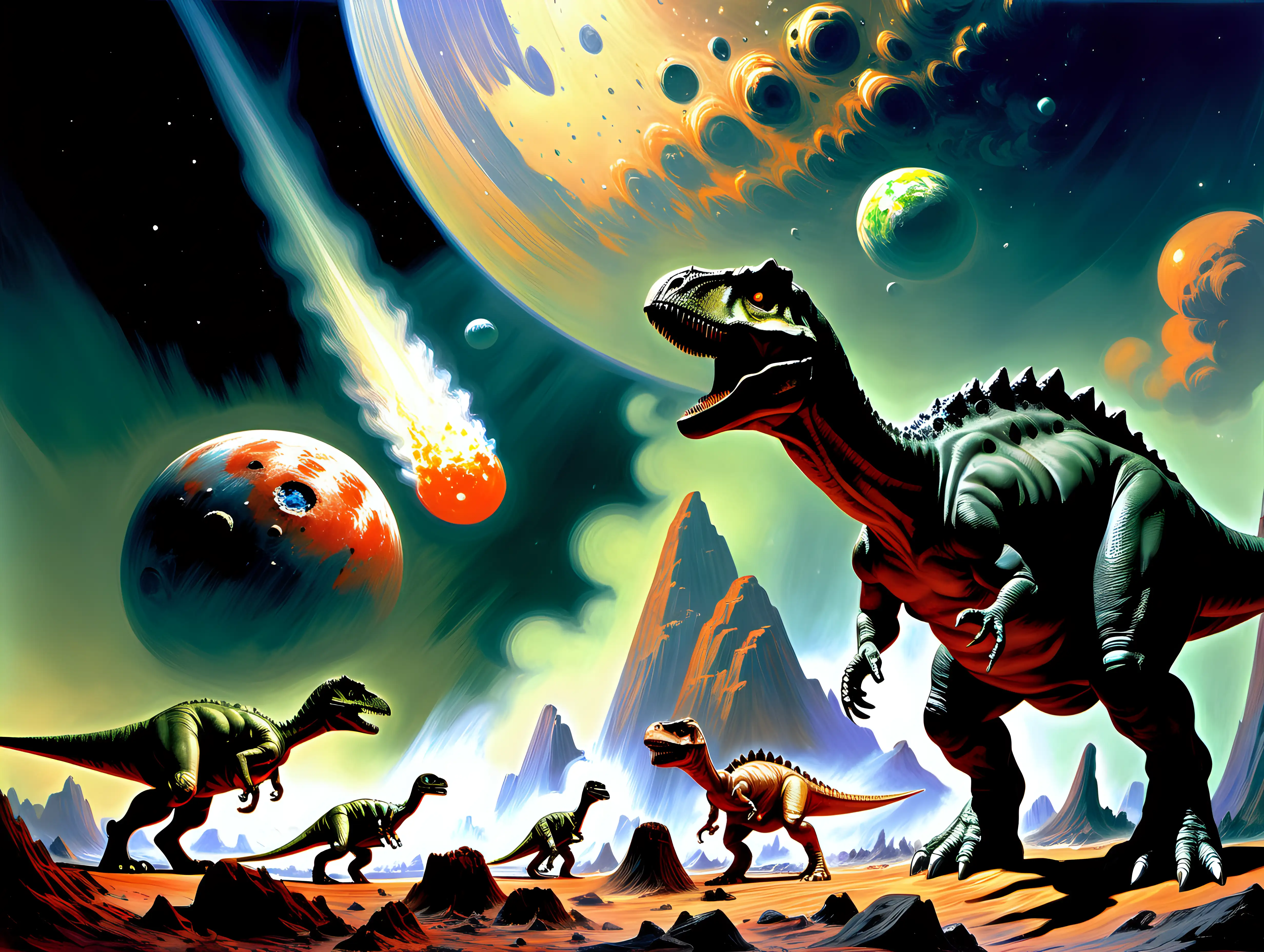 dinosaurs looking at a huge asteroid approaching the Earth 65 million years ago
Frank Frazetta style