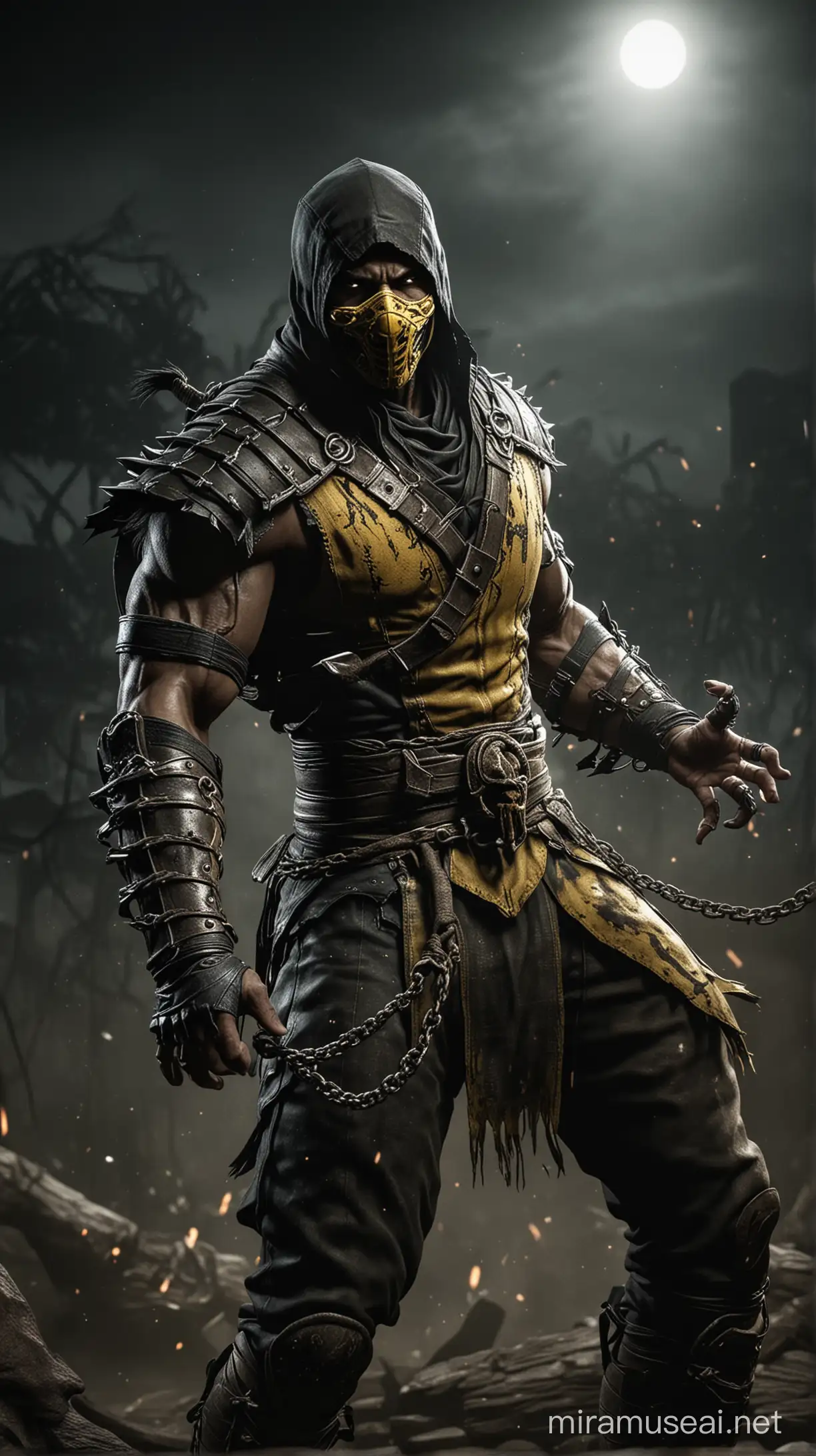 Scorpion Mortal Kombat X Holds Chain in Dark Earth