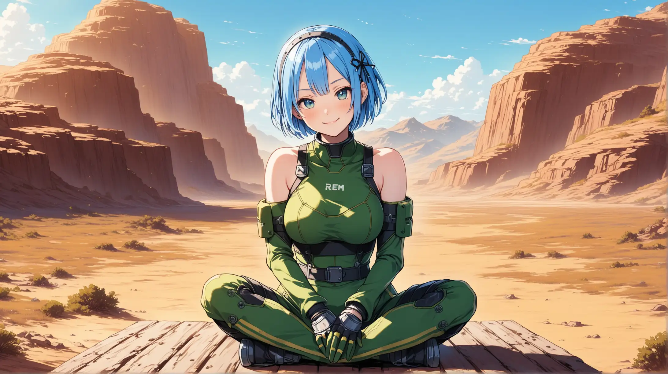 Draw the character Rem, high quality, in a relaxed pose, outdoors, on a sunny day, wearing an outfit inspired from the Fallout series, smiling at the viewer
