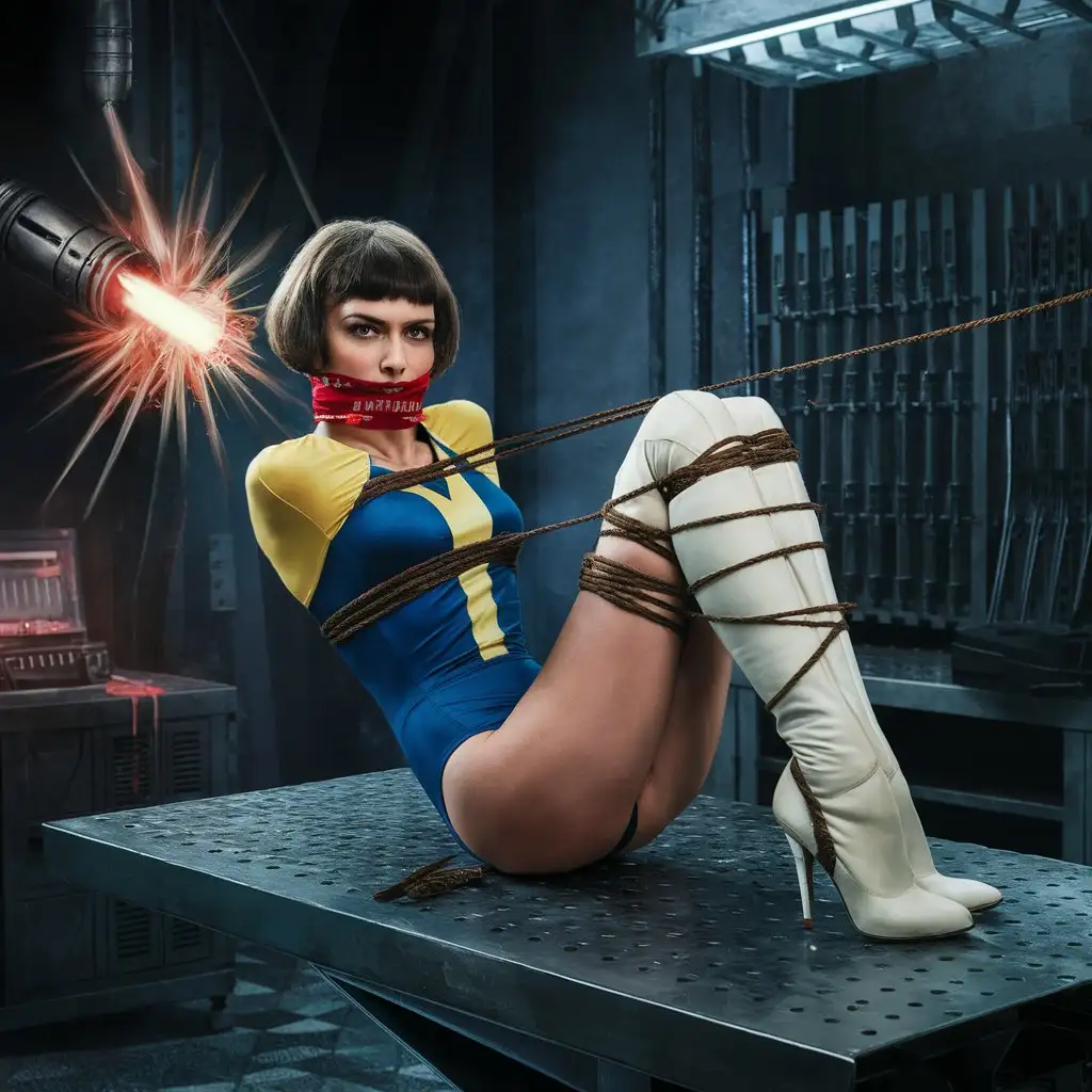 A captivating and suspenseful photograph of Penelope Pitstop as Leona the Sun Girl, bound to a slanted metal tabletop in a sinister laboratory. A death ray laser has already started cutting the table near her helpless body. The scene is filled with tension as Leona, dressed in her iconic blue and yellow leotard, white stiletto-heeled knee-high boots, and a short blond bob hairstyle, struggles against her bindings. Her determined eyes convey a mix of fear and defiance as she fights against the brown hemp ropes and a tight red silk scarf gag, with her hands tied behind her back and boots tied together. The menacing death ray laser adds to the suspense, while an unseen captor lurks in the shadows, further elevating the drama and suspense in this enthralling and evocative scene., photo