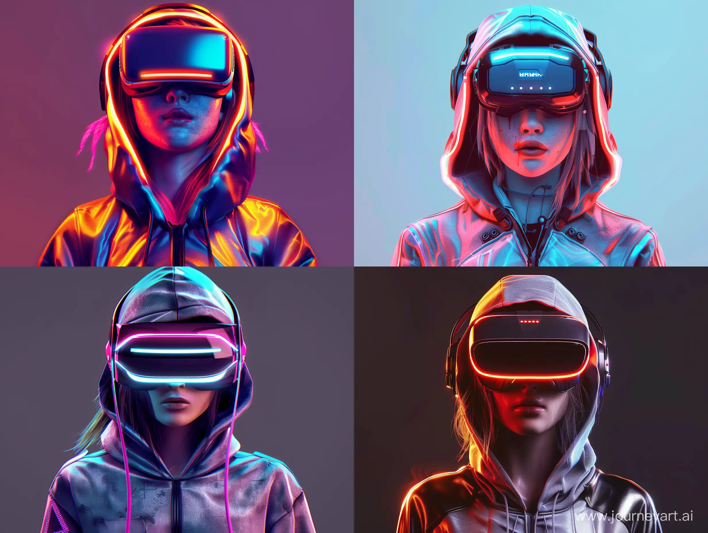 ultra-realistic gamer-girl animation character wearing a futuristic hoodie and VR headset facing the camera, cyberpunk theme, ultra-futuristic, subtle neon lighting. solid background with a subtle glow --v 6 --ar 4:3 --no 37915