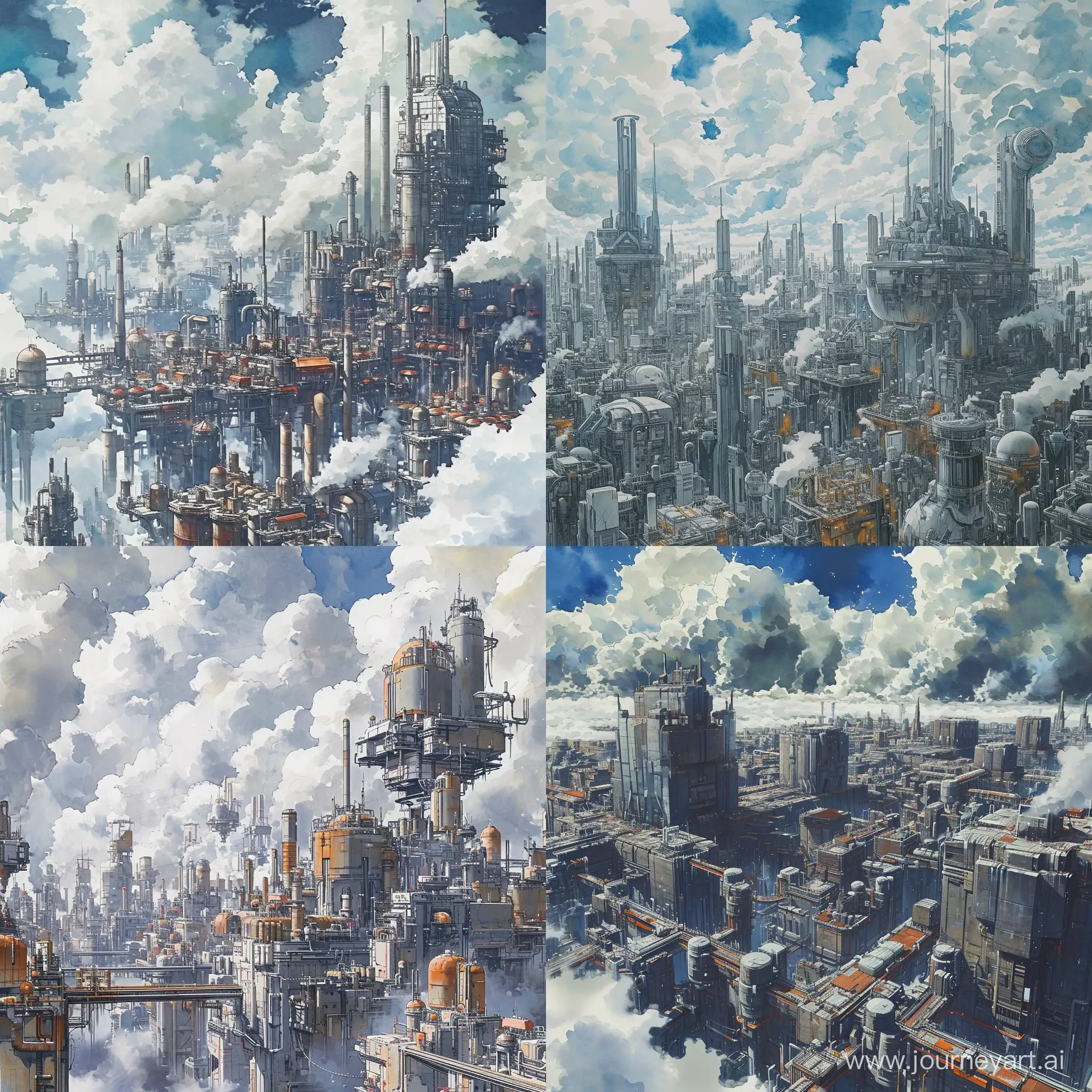 A massive futuristic city with buildings made of metal and lots of factories, cloudy skies, anime, watercolor